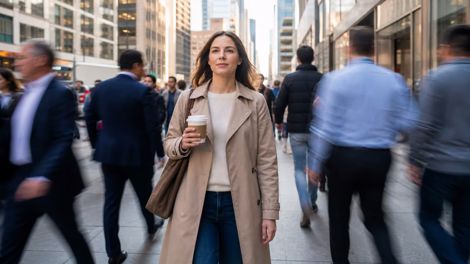 Žena kráča pokojne rušnou ulicou New Yorku, Pán Ježiš dáva pokoj uprostred chaosu a strachu