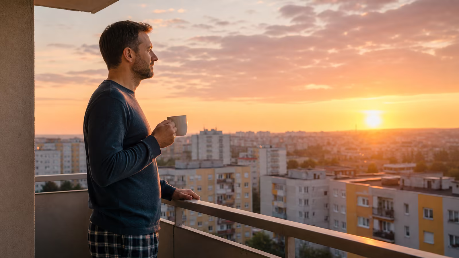Muž stojí s hrnčekom na balkóne za úsvitu a pokojne sa nadychuje – srdce sa ladí ráno pred dňom