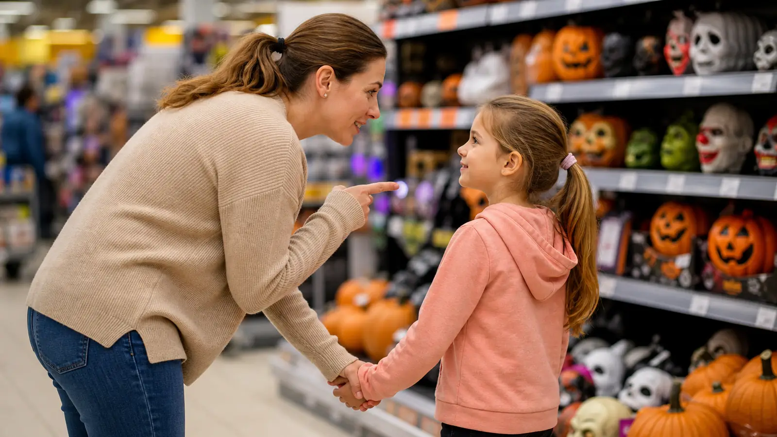 Mama v supermarkete v Žiline vysvetľuje dcére pri regáli s maskami, prečo halloween nie je pre deti