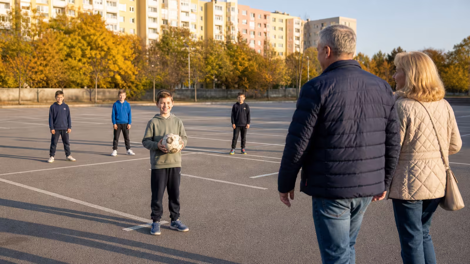 Chlapec na parkovisku v Nitre drží futbalovú loptu a usmieva sa, slobodný od strachu z hororov