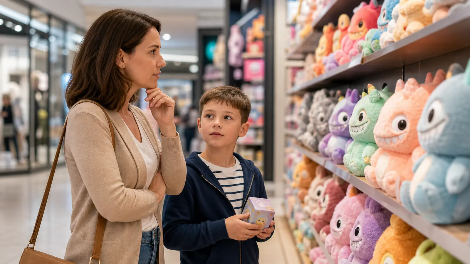 Mama so synom v nákupnom centre v Bratislave pri regáli s príšerkami premýšľa, čo je Labubu