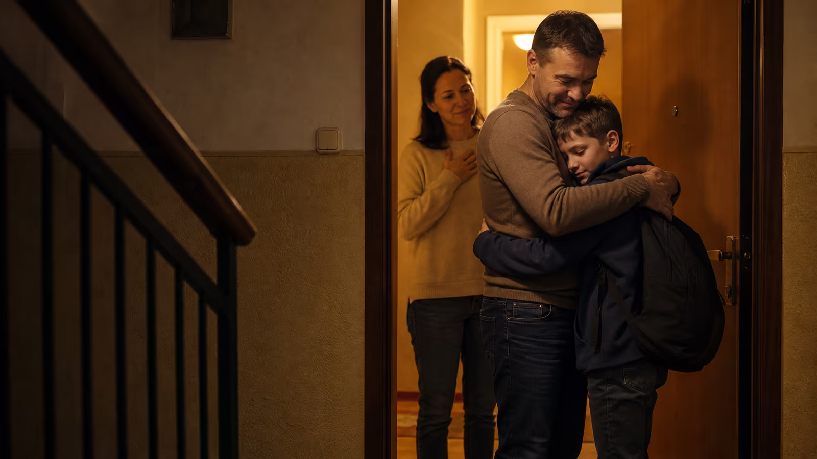 Otec v dverách bytu v Nitre objíma syna, ktorý sa neskoro večer vrátil domov, mama stojí za ním