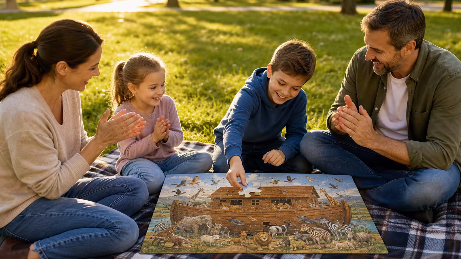 Rodina na deke v parku v Trenčíne skladá biblické puzzle namiesto okultných hračiek