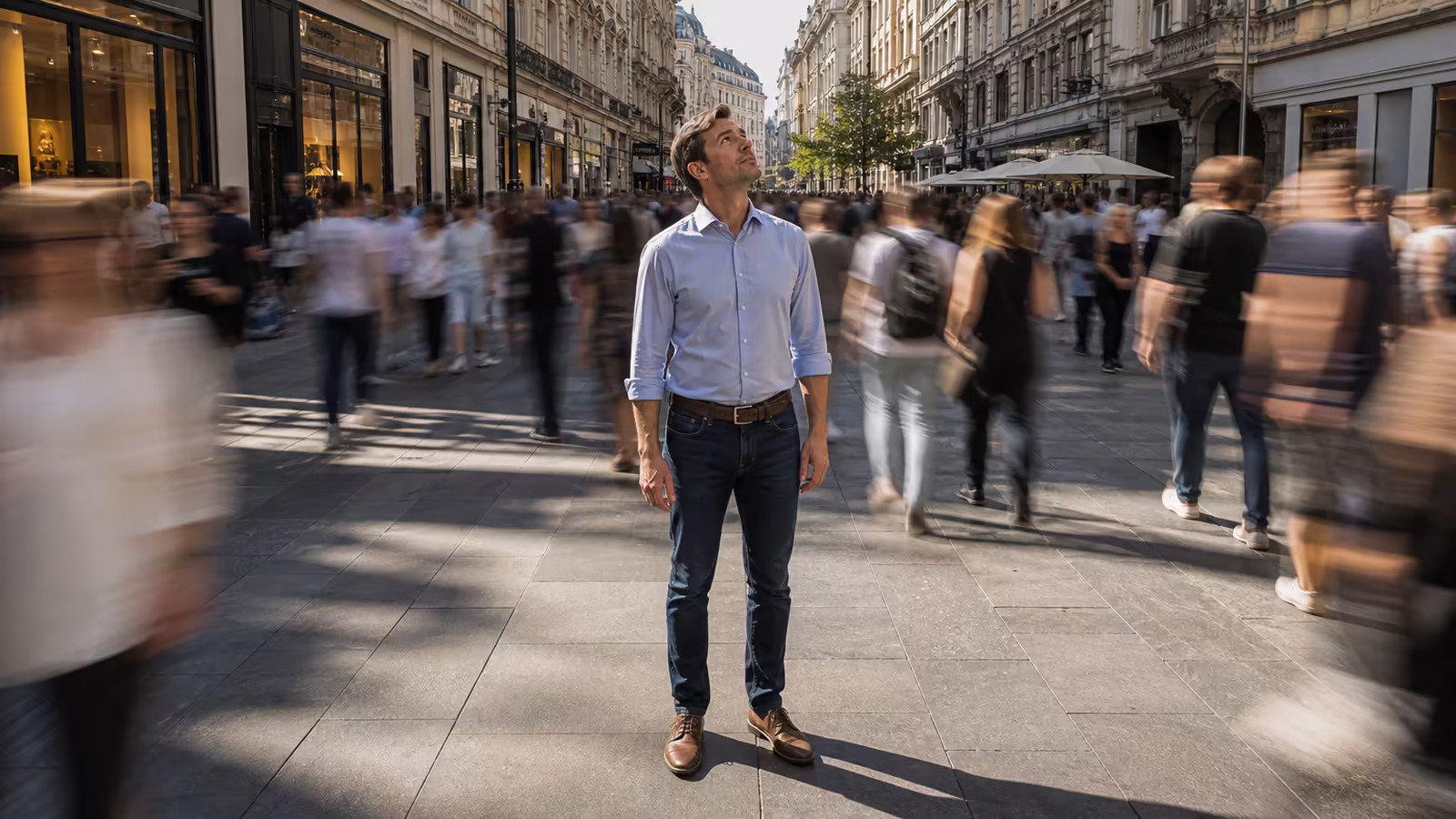 Muž stojí pokojne uprostred ponáhľajúceho sa davu; jeho najhlbšia zodpovednosť je pred Pánom Ježišom