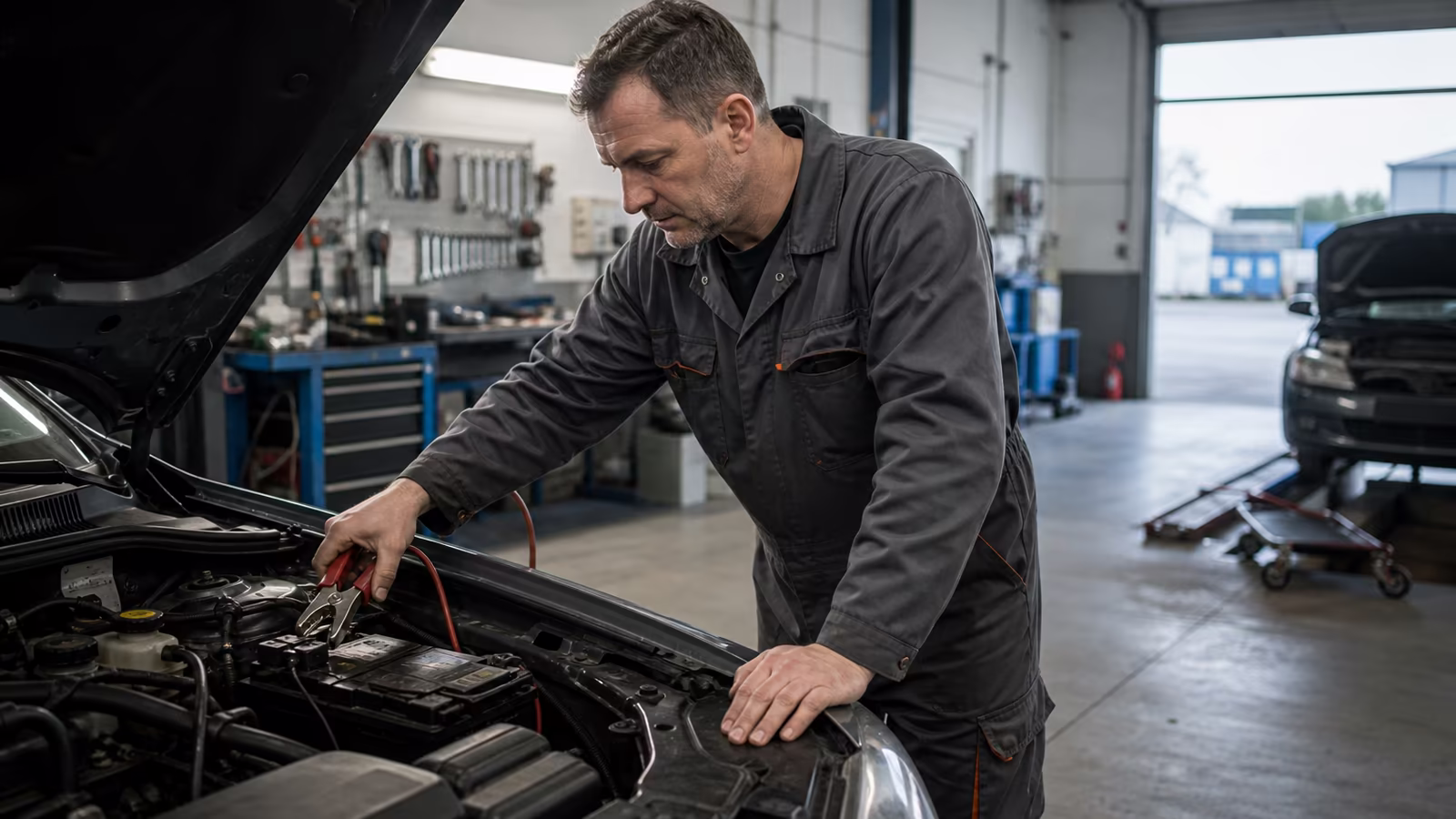 Mechanik pripája k akumulátoru štartovacie káble; bez iskry sa nerozbehne motor ani viera