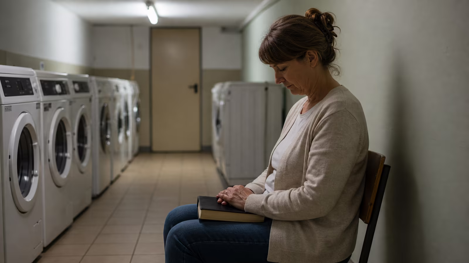 Žena sedí sama v tichej práčovni s Bibliou v lone a modlí sa tam, kde ju nikto nevidí; komôrka všedného dňa