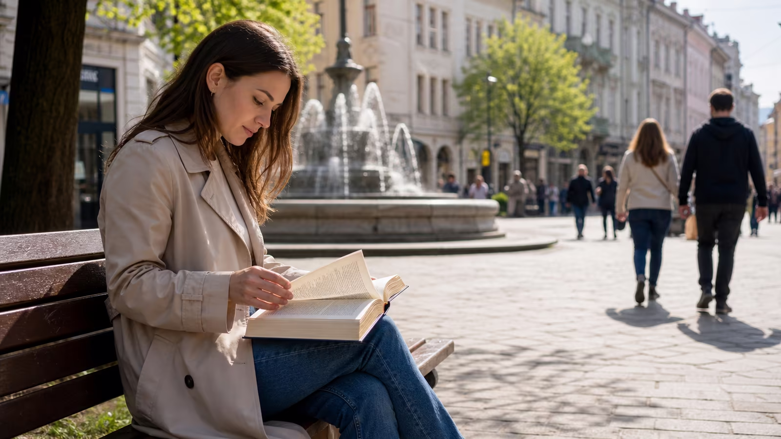 Žena číta Bibliu na lavičke v Košiciach a v Písme hľadá Pána Ježiša Krista