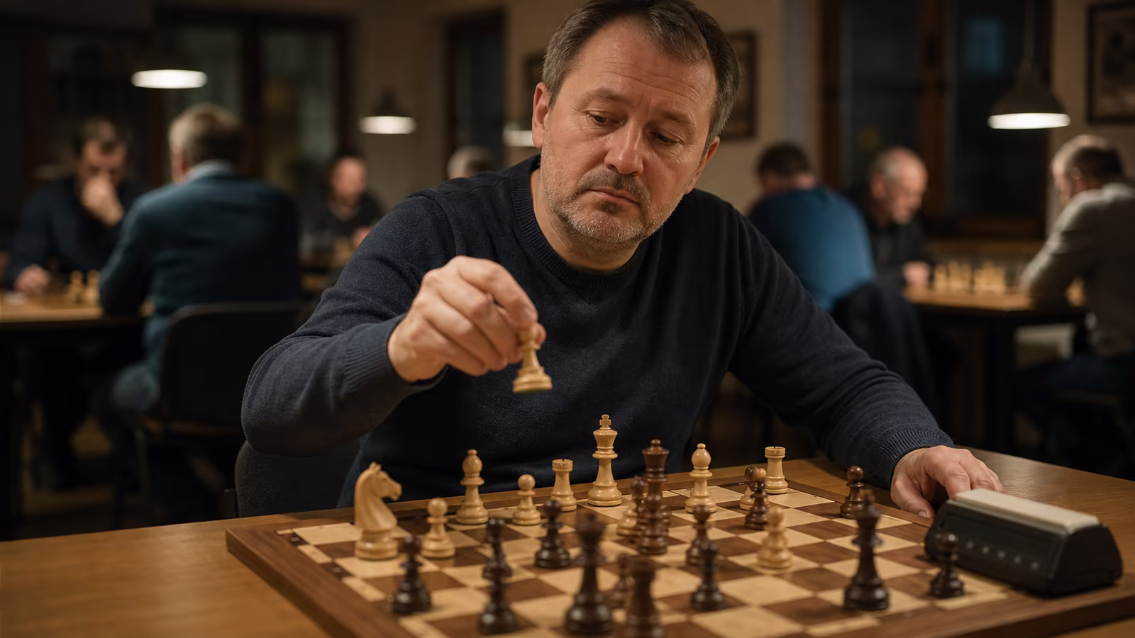 Muž v šachovom klube dlho váha nad ťahom, tak ako ľudia odkladajú odpoveď Pánovi Ježišovi