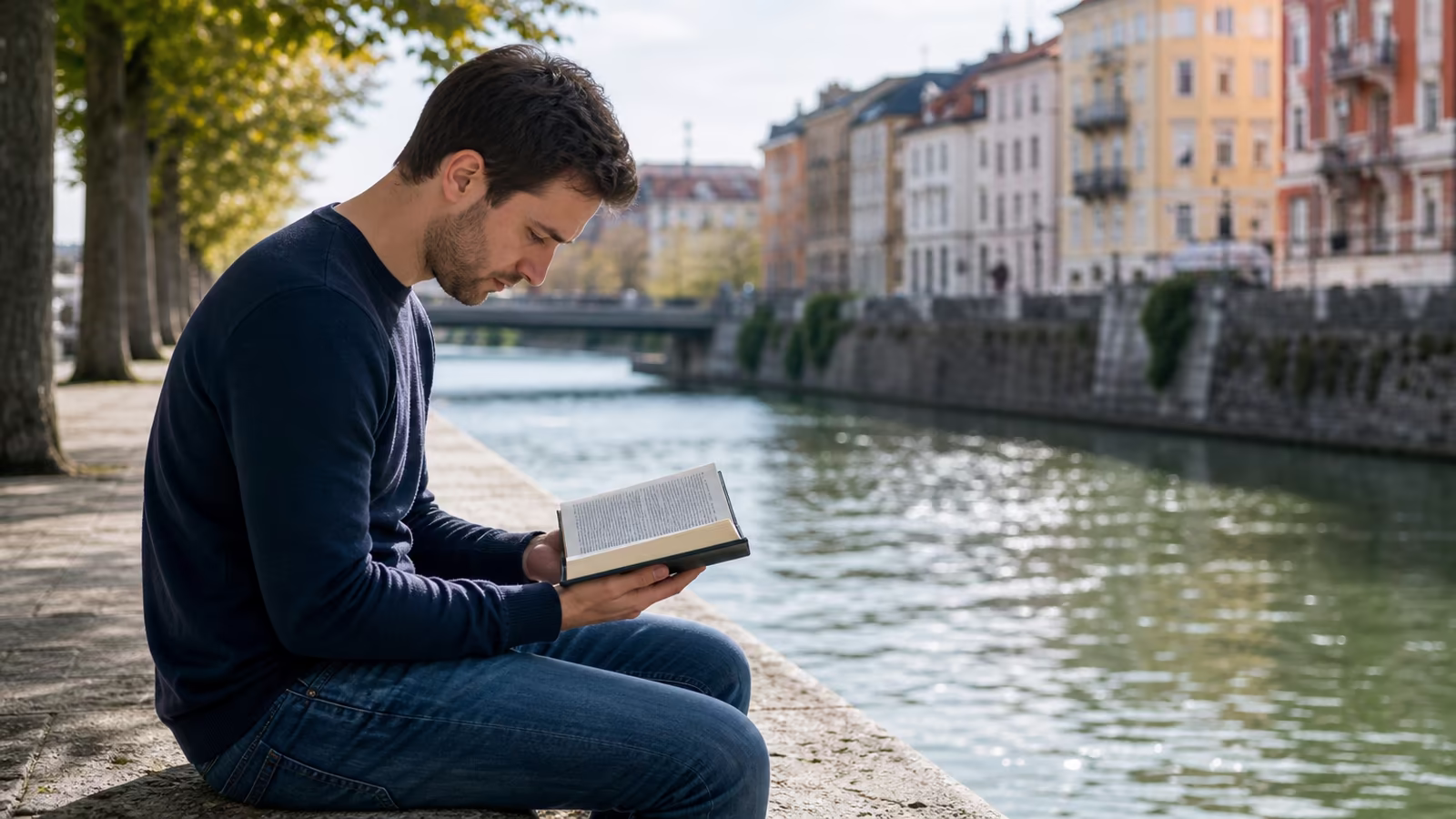 Mladý muž číta pri rieke v Ľubľane Bibliu a hľadá odpovede; otázky nie sú prekážkou, ak ich prinesieme