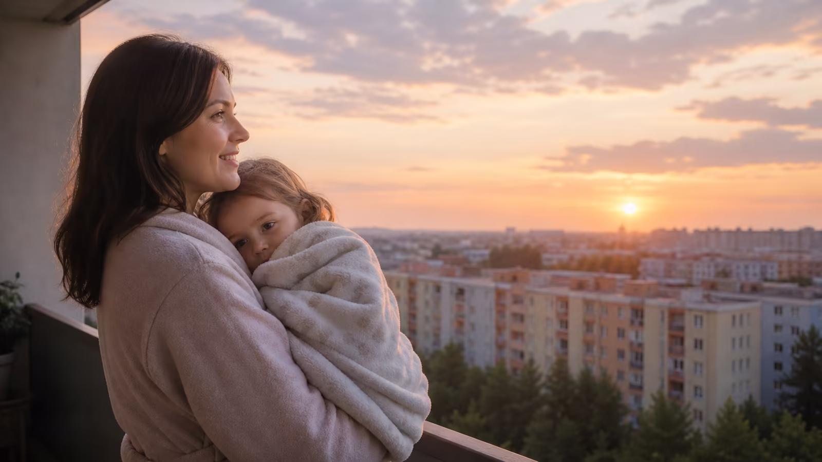 Matka s malou dcérou hľadia z balkóna na úsvit, v dome vládne pokoj Pána Ježiša, nie strach