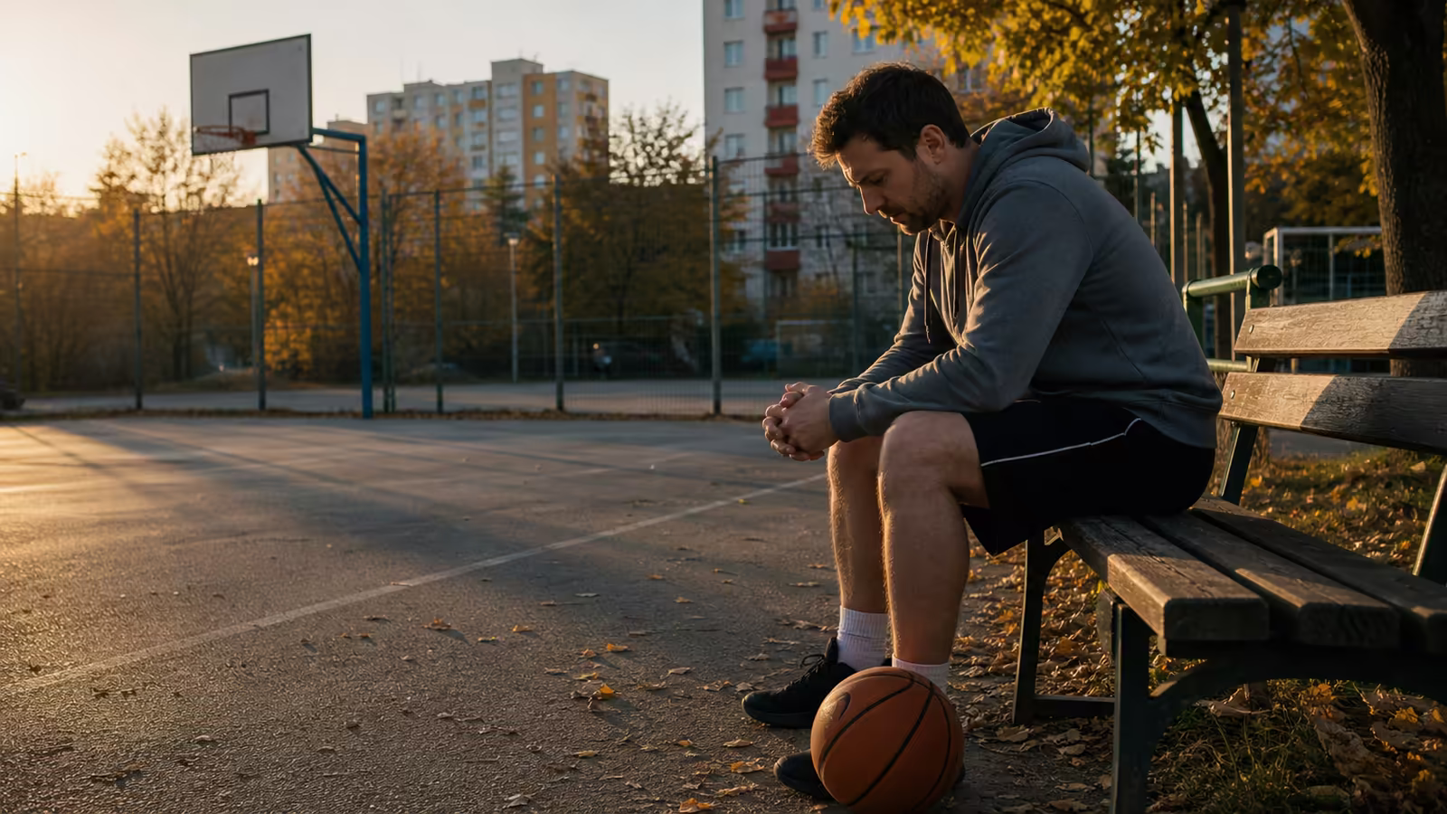 Muž sedí sám pri basketbalovom ihrisku v Trenčíne a v srdci nesie bolesť z kritiky ako meč