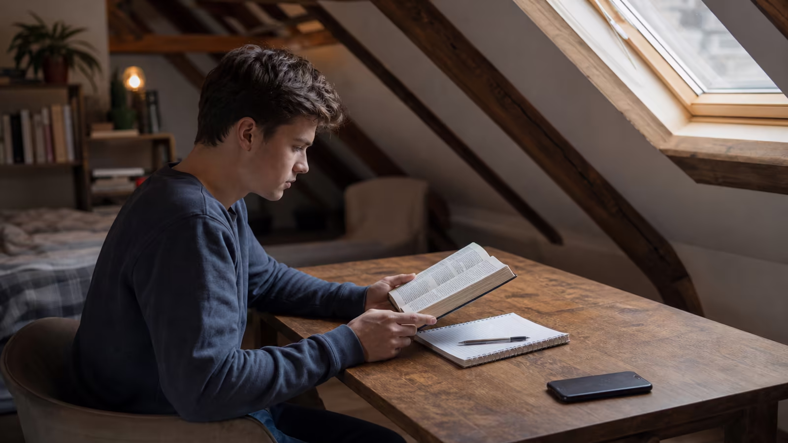 Študent v podkrovnej izbe číta ráno Bibliu – myseľ sa napĺňa pravdou a pokojom