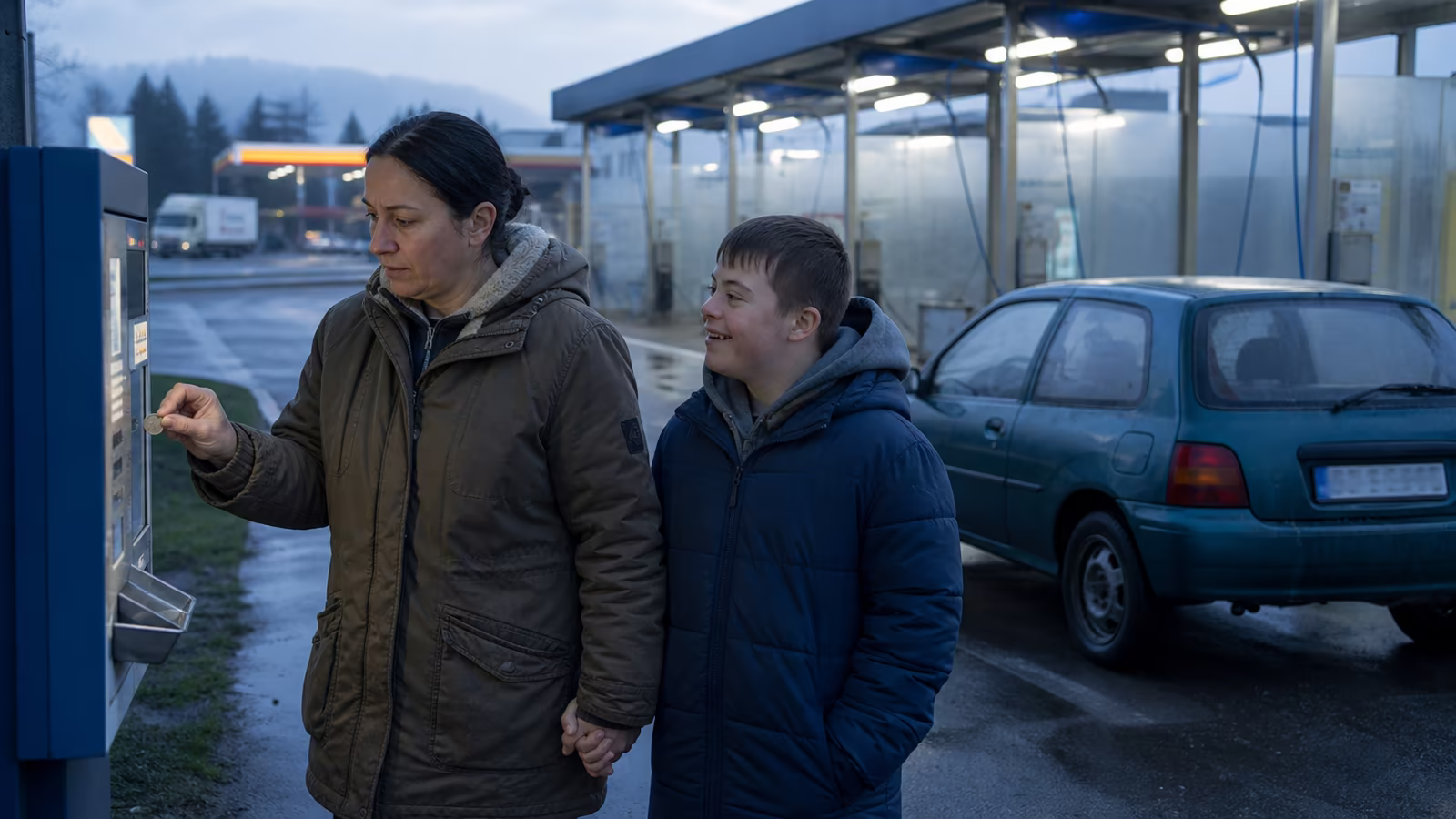 Mama so synom v autoumyvárni pri starom aute pred cestou do Polkovíc, kam išla prosiť o zázračnú modlitbu