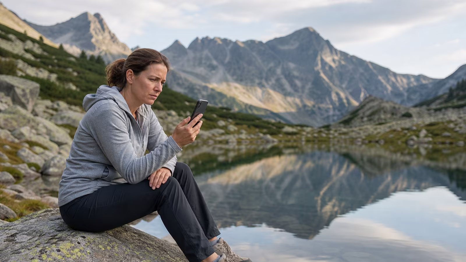 Žena sedí pri tichom horskom plese, ale tvár má ustarostenú – pokoj nie je iba ticho okolo nás