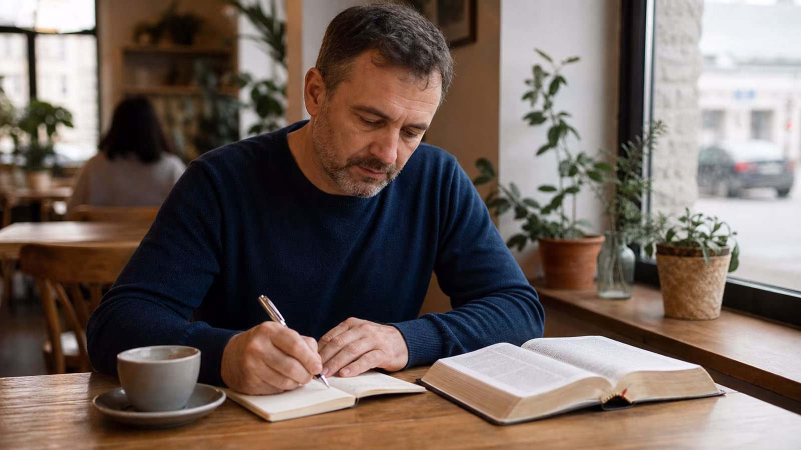 Muž v kaviarni pri otvorenej Biblii píše do zápisníka starosť, aby ju vložil do rúk Pána Ježiša