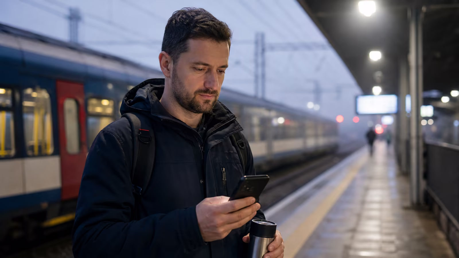 Muž s batohom na stanici v Žiline číta v mobile ponuky brigád a modlí sa za novú prácu