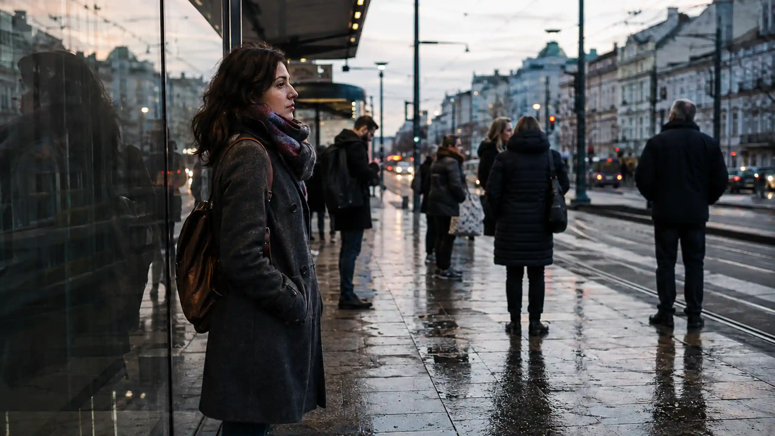 Žena čaká skoro ráno na električku na mestskej ulici. Okolo prechádzajú ľudia do práce a vo výklade sa odráža ranná obloha.