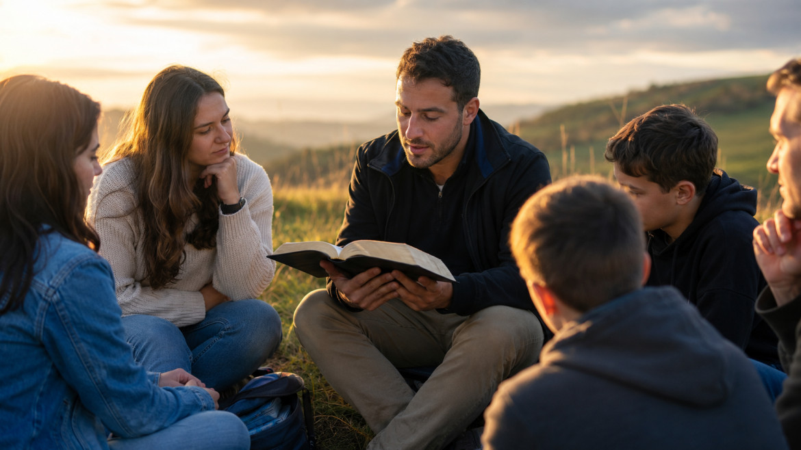 Človek drží otvorenú Bibliu s ľuďmi v kruhu a hľadá istotu v Božom slove a v Pánovi Ježišovi Kristovi