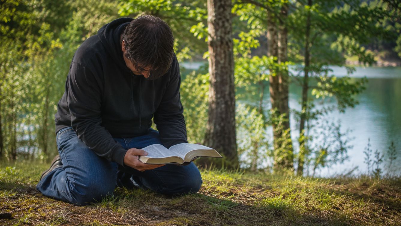 Muž v prírode klačí pred Bohom s Bibliou v ruke
