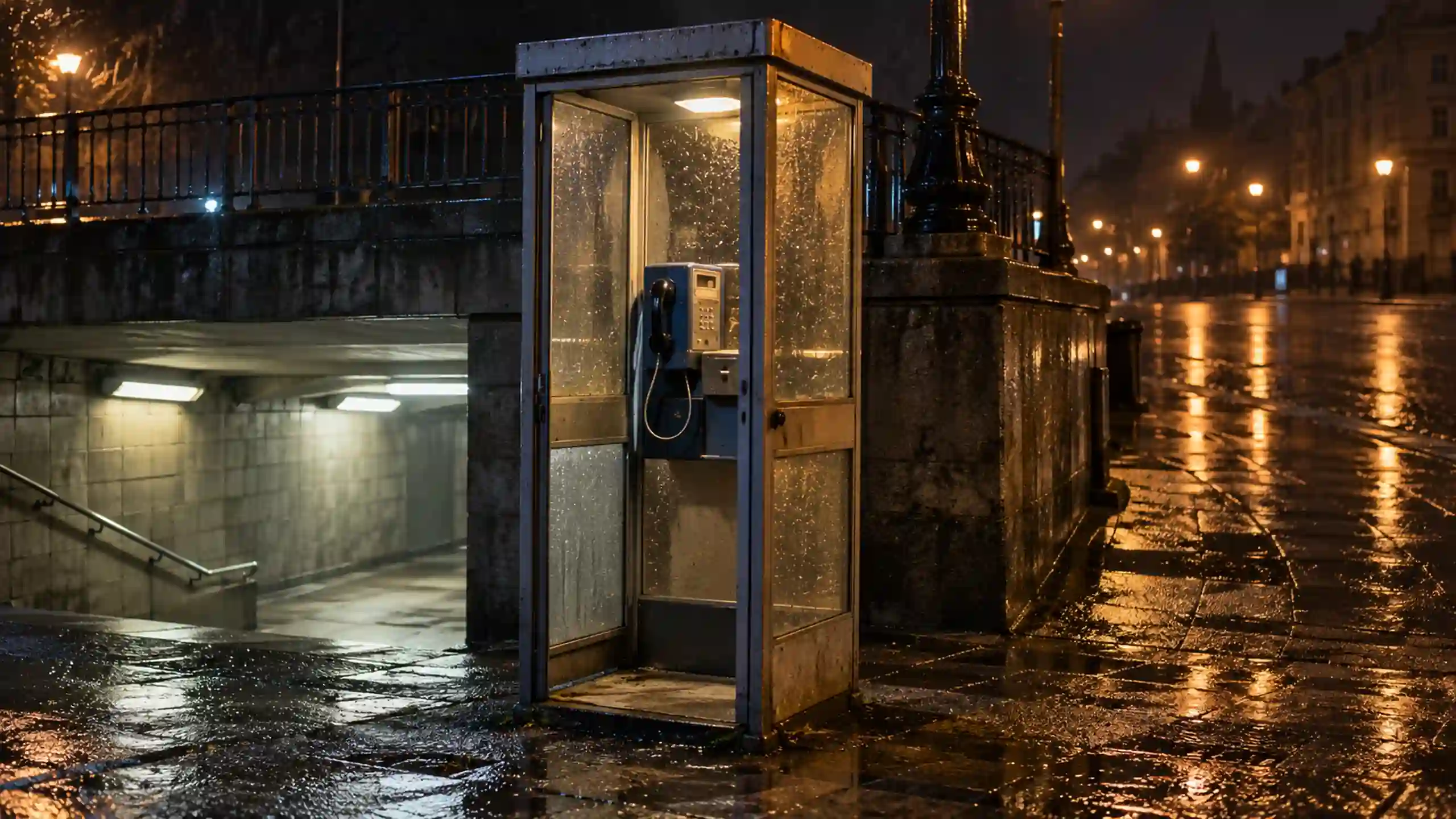 Telefónna búdka v noci počas dažďa symbolizuje moment smrti a cesty do pekla bez Krista