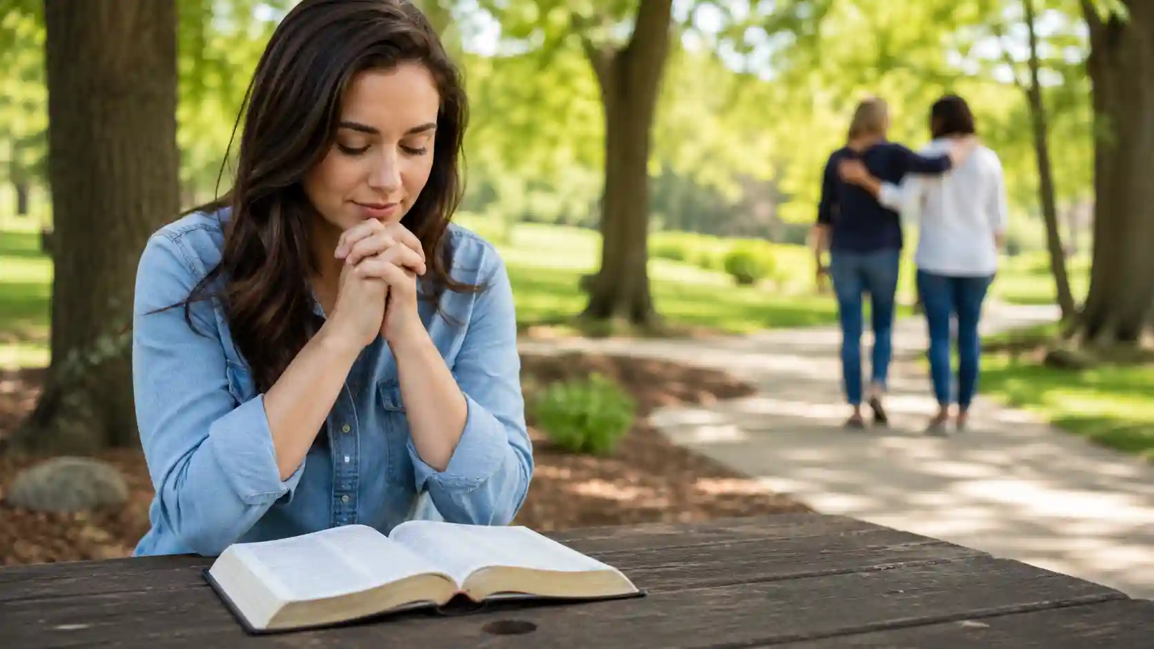 Dievča na lavičke čítam bibliu a túži po odpustení