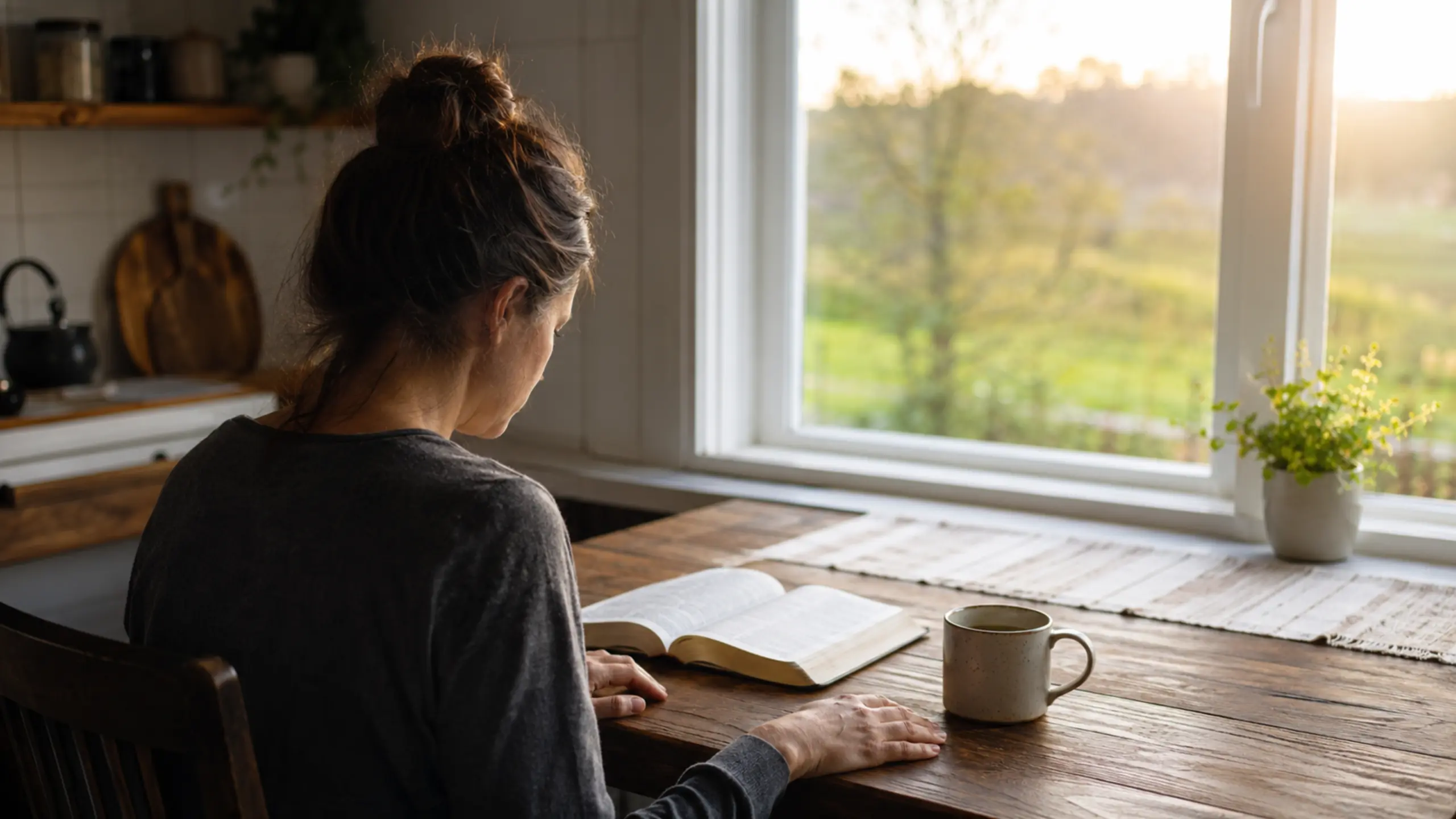 Žena s ráno modli rannú modlitbu s Bibliou za stolom pri pohľade von oknom