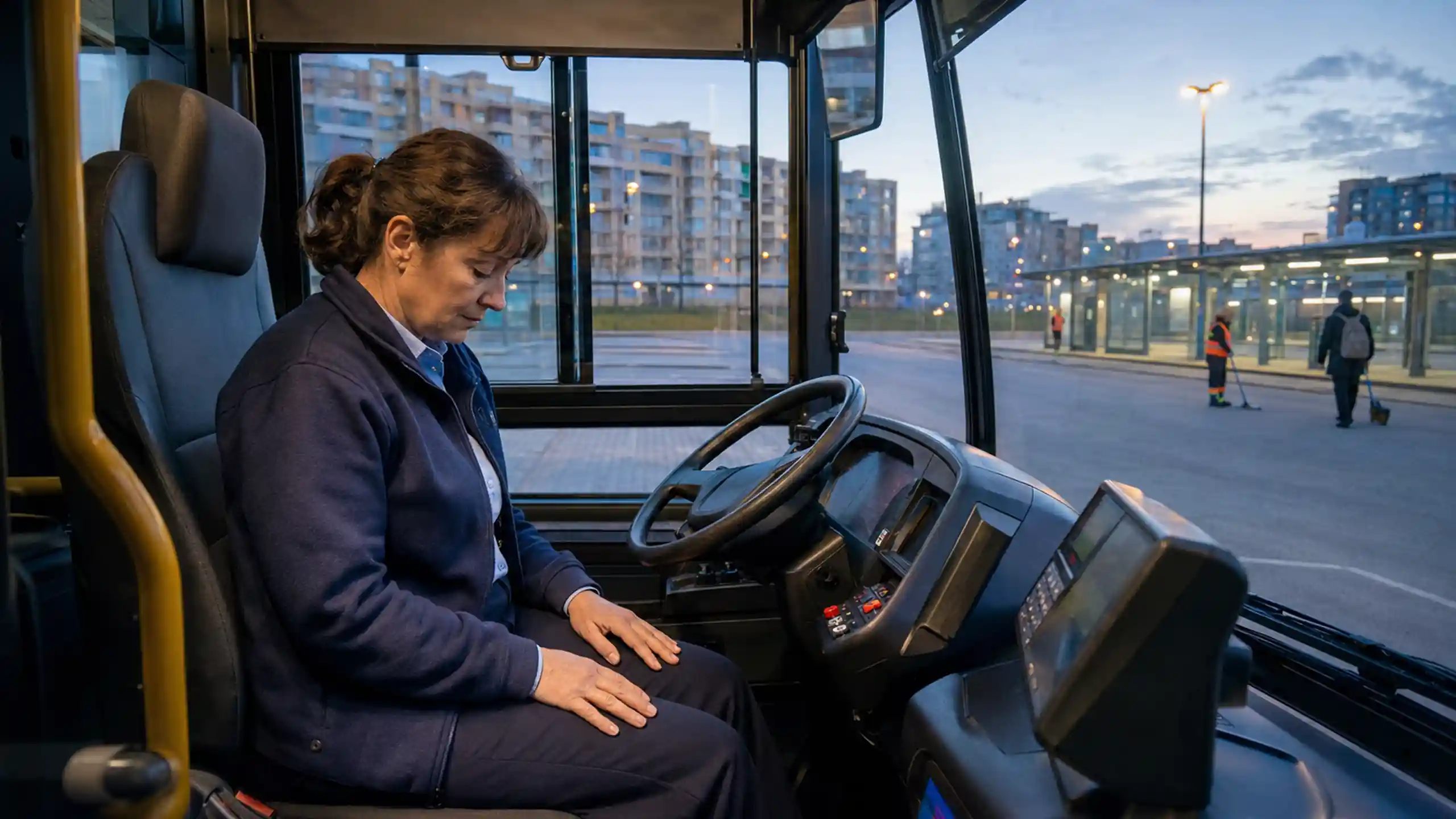 Vodička autobusu sa pred prvou rannou jazdou potichu modlí rannú modlitbu v zaparkovanom vozidle.