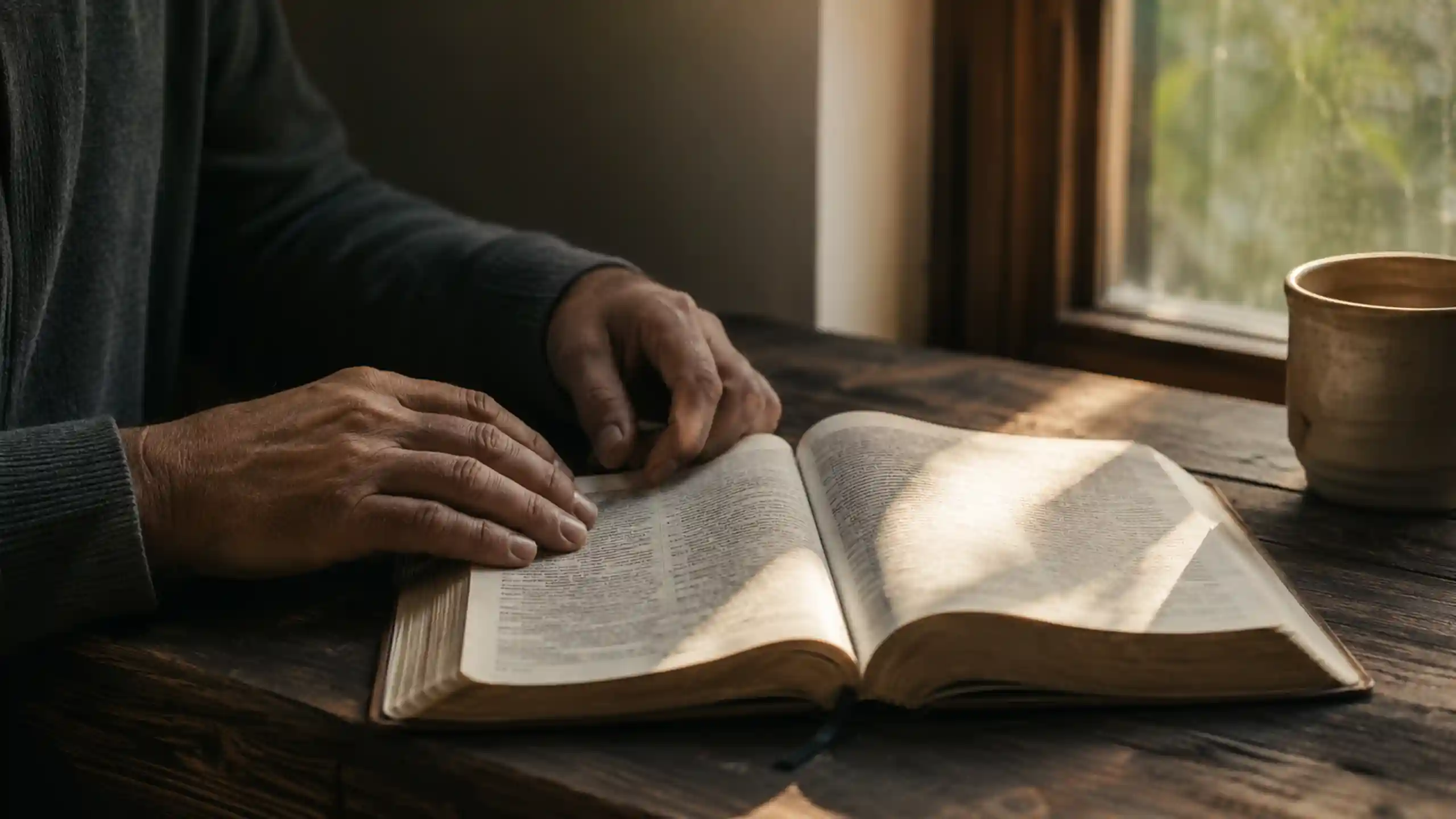 Ruky pri otvorenej Biblii v lúči svetla ako obraz poznania pravdy