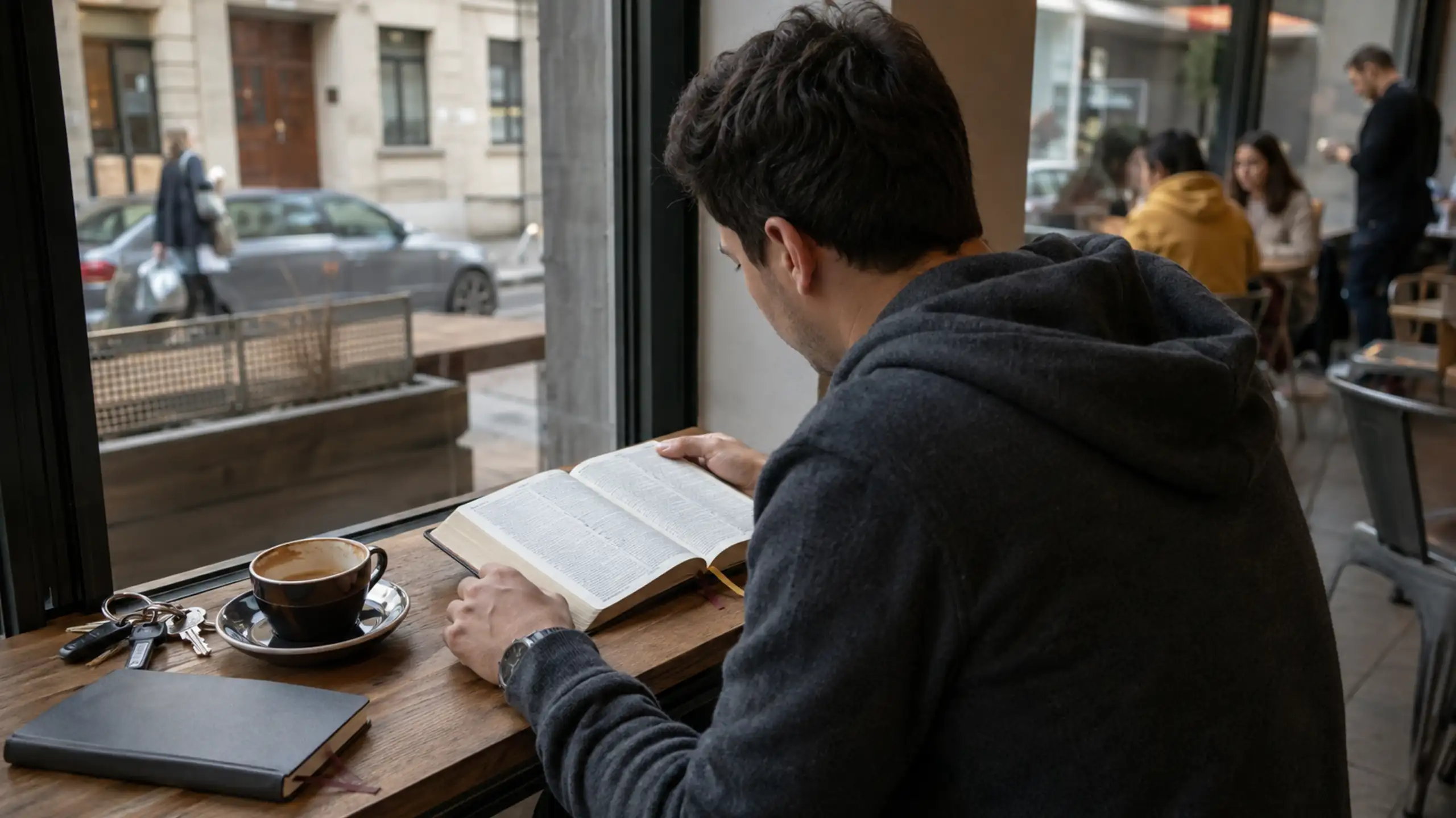 Mladý muž sedí pri okne v rušnej kaviarni s otvorenou Bibliou, vedľa sú kľúče, zápisník a nedopitá káva.