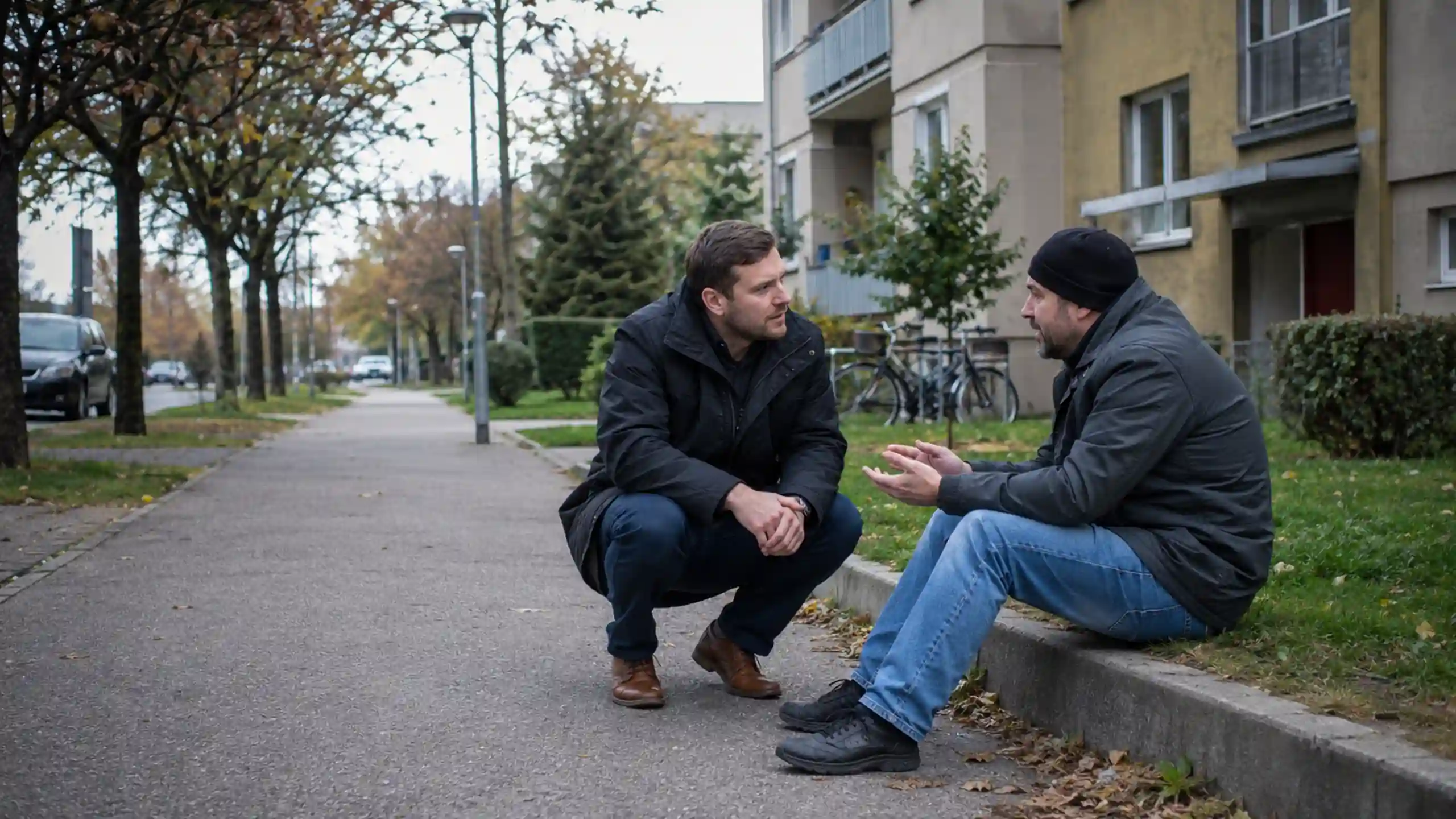 Muž sa rozpráva s druhým človekom na obyčajnom chodníku pri bytovkách.