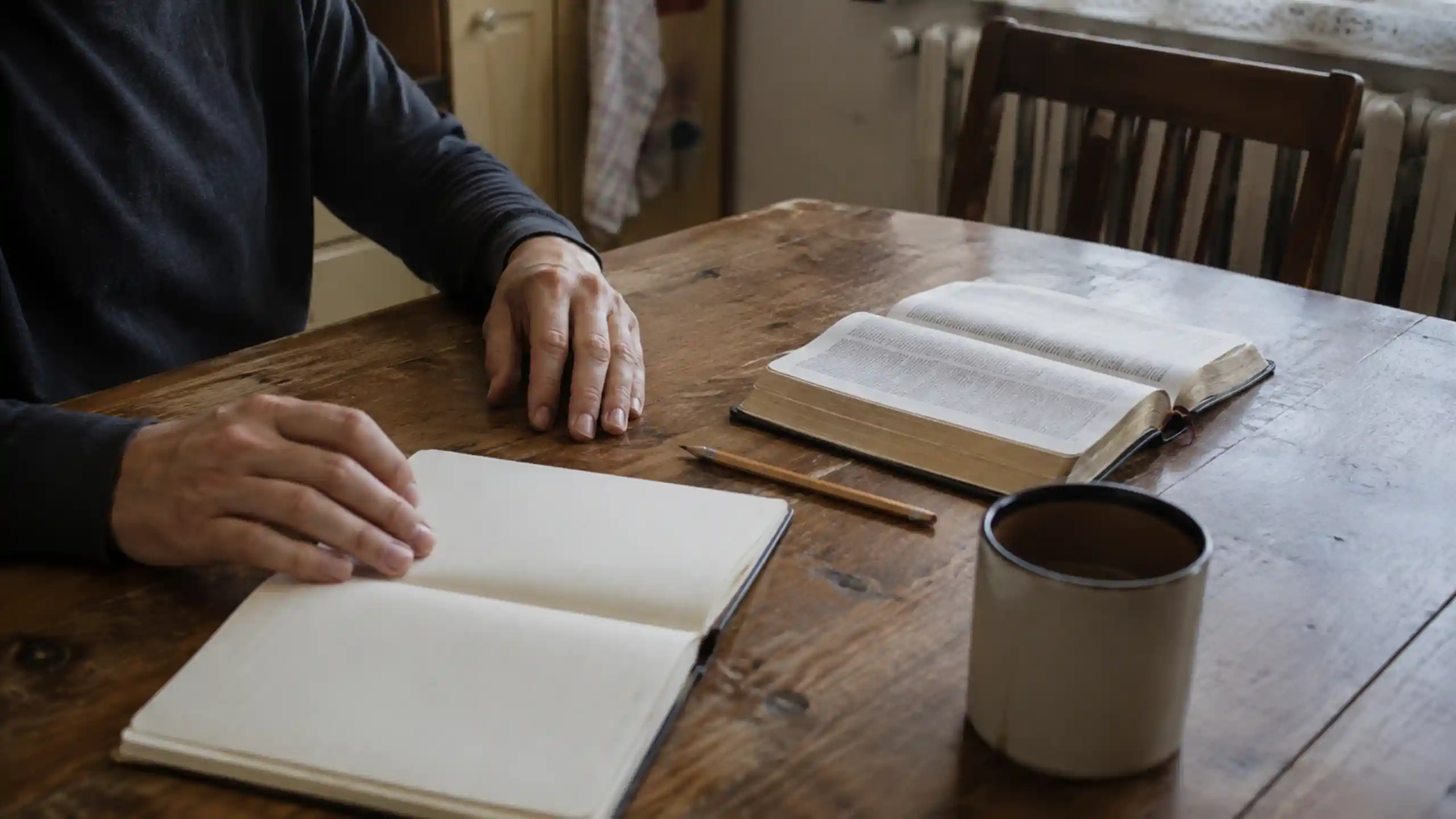 Namiesto vedenia účtovníctva o starých iba si číta muž bibliu za stolom