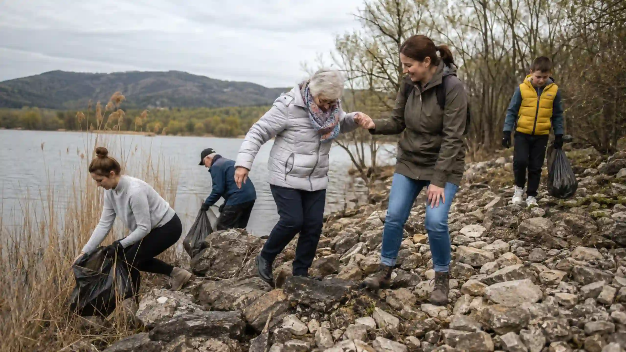 Modlitba za mamou počas zbieranie odpadkov pri vode