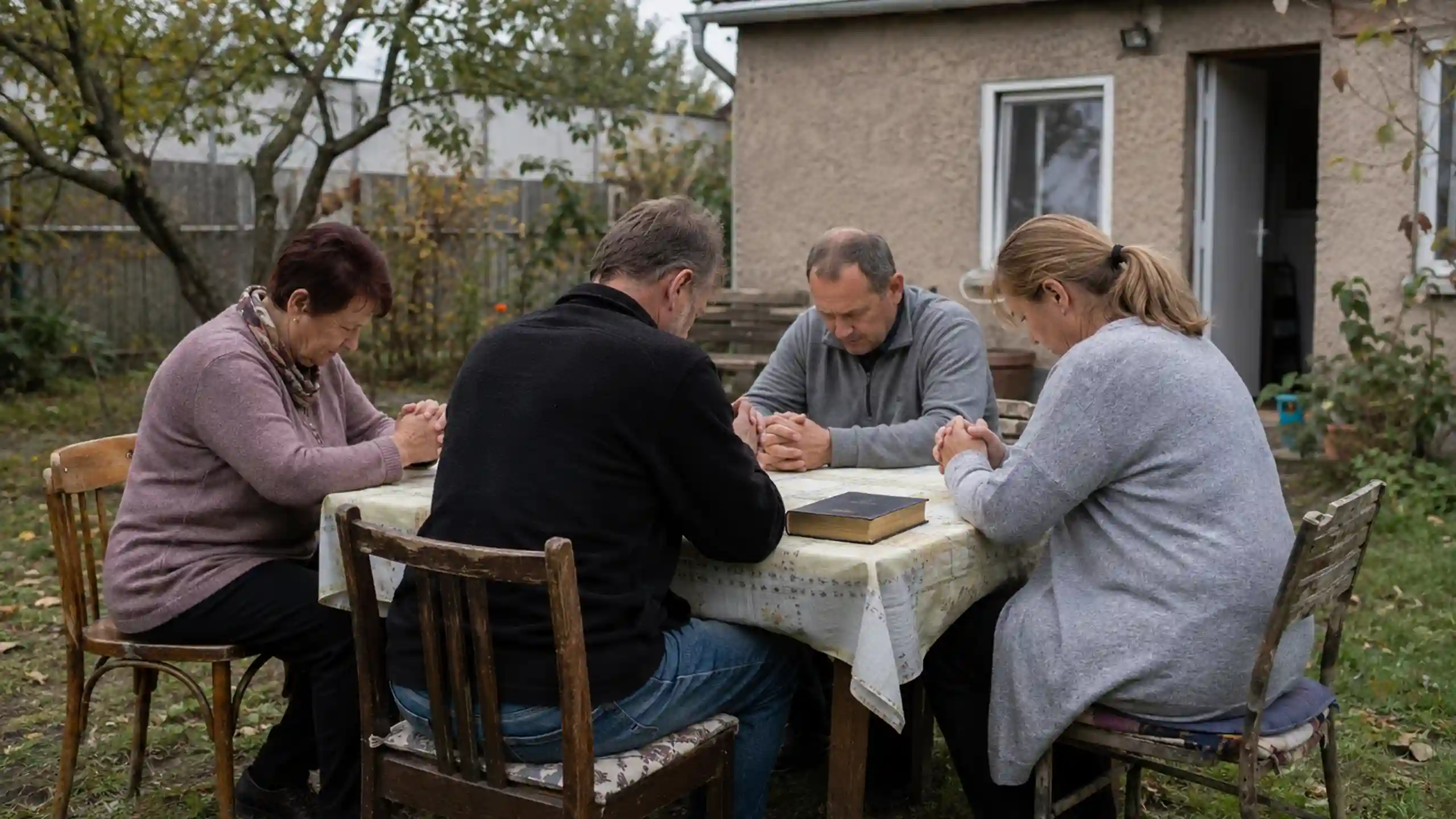 Skupina ľudí sa počas pôstu modli vonku na stoličkách do kruhu