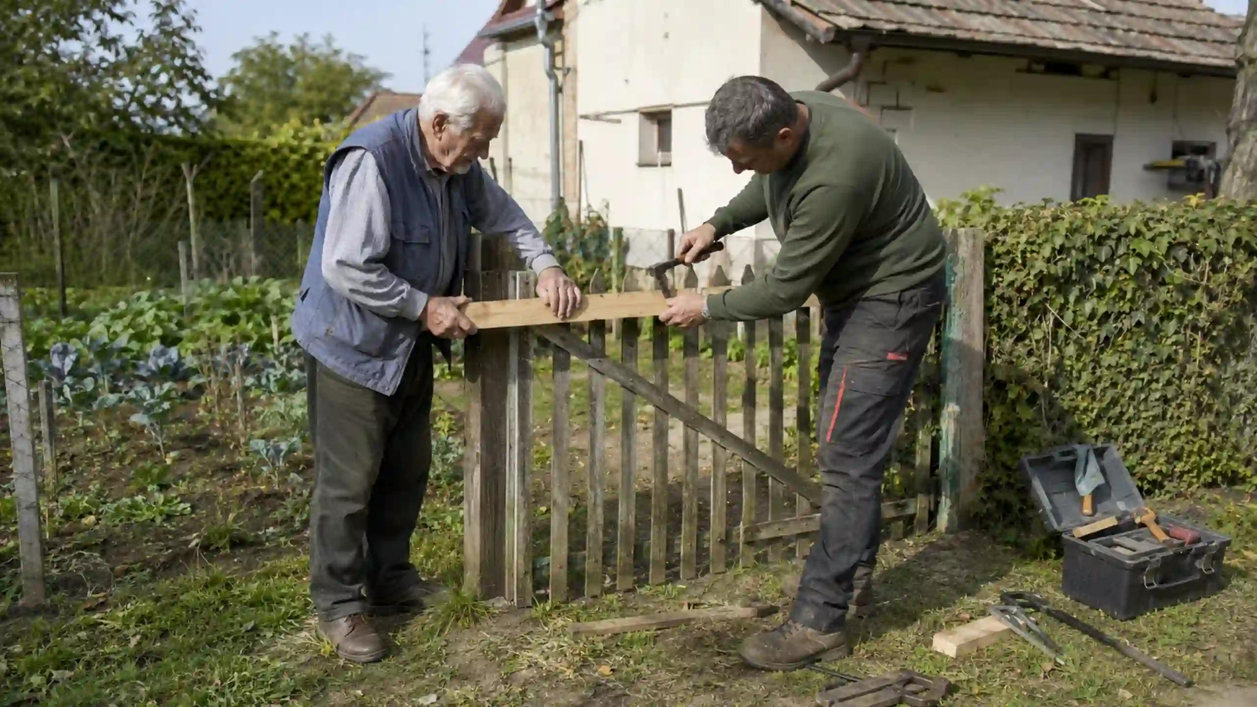 Otec a syn spoločne opravujú plot po modlitbe