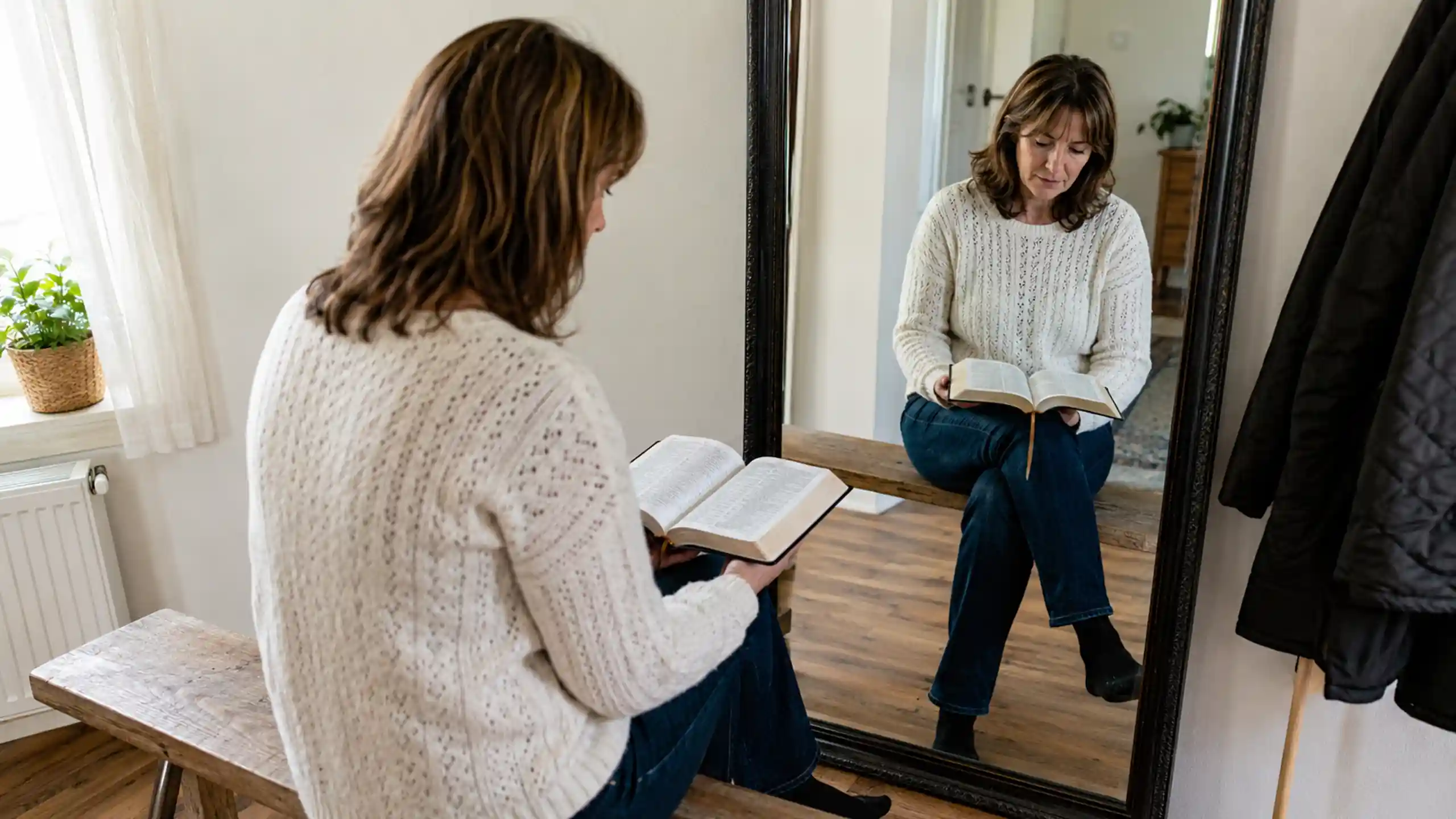 Žena predsa žrádlom číta bibliu ako obraz Krista v nej