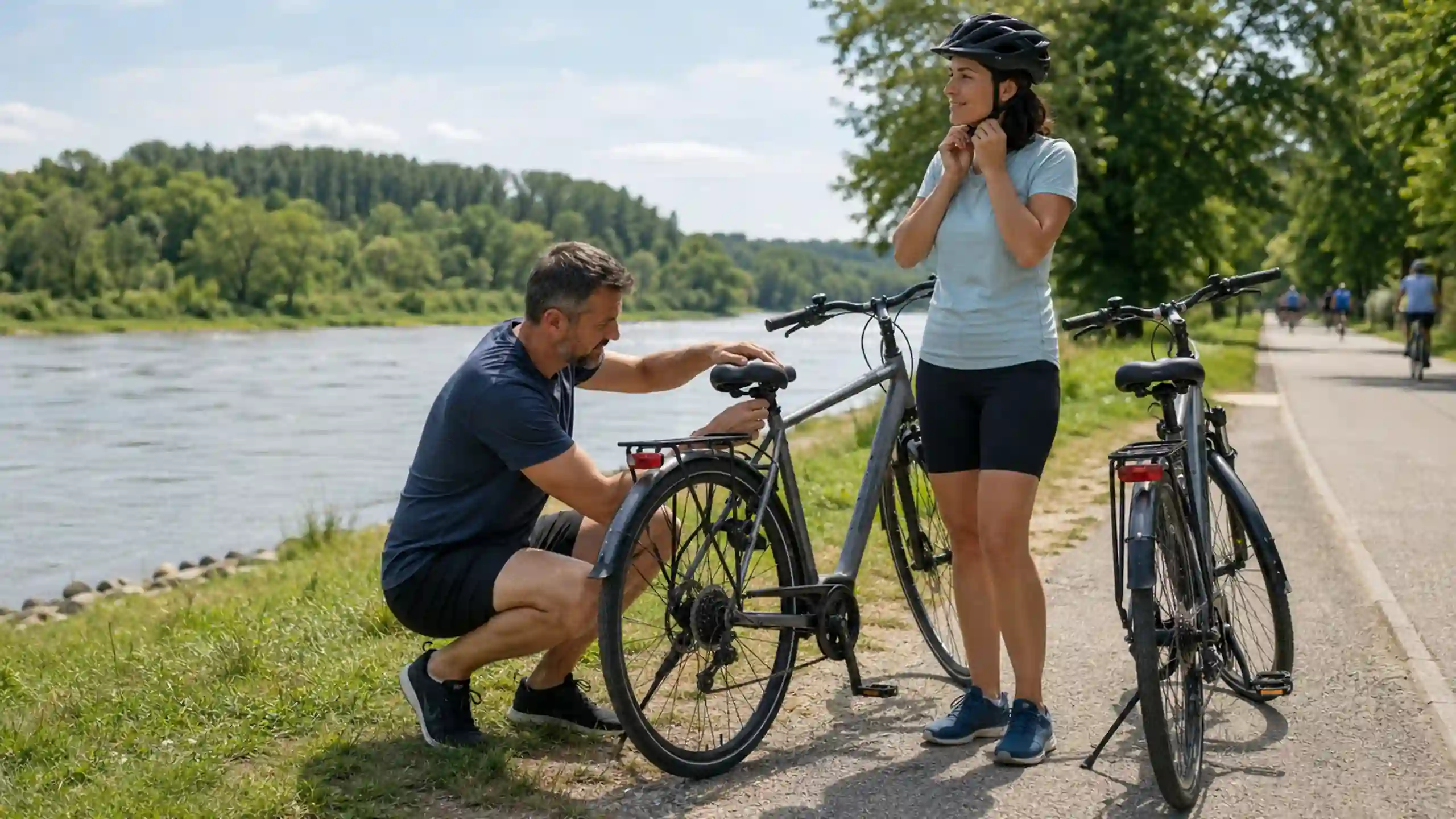 Manžel pomáhať manželke s bicyklom na cyklistickej trase popri rieke