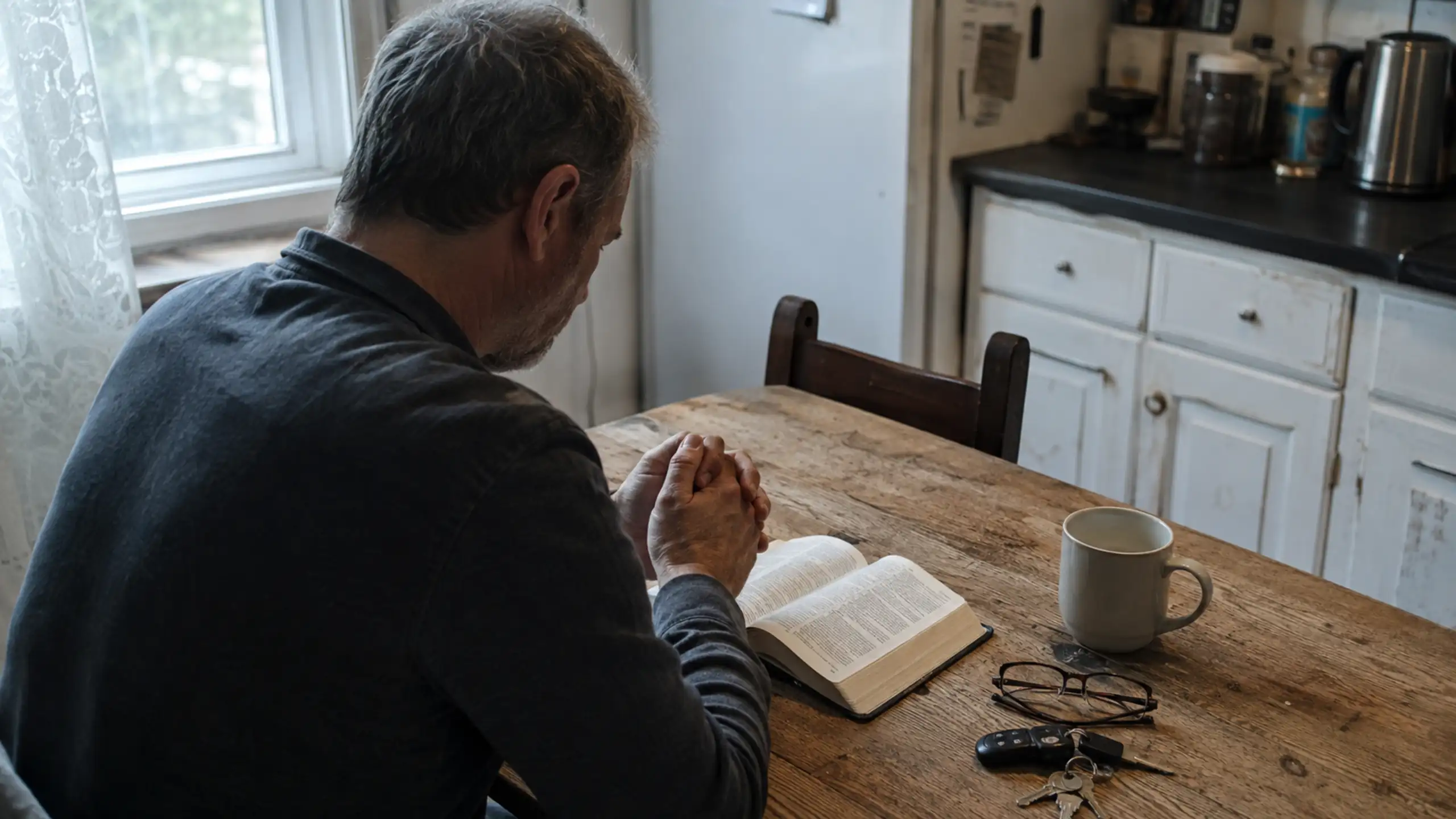Manžel sa modli za svoju manželku za stolom v kuchyni pri čítaní Biblie