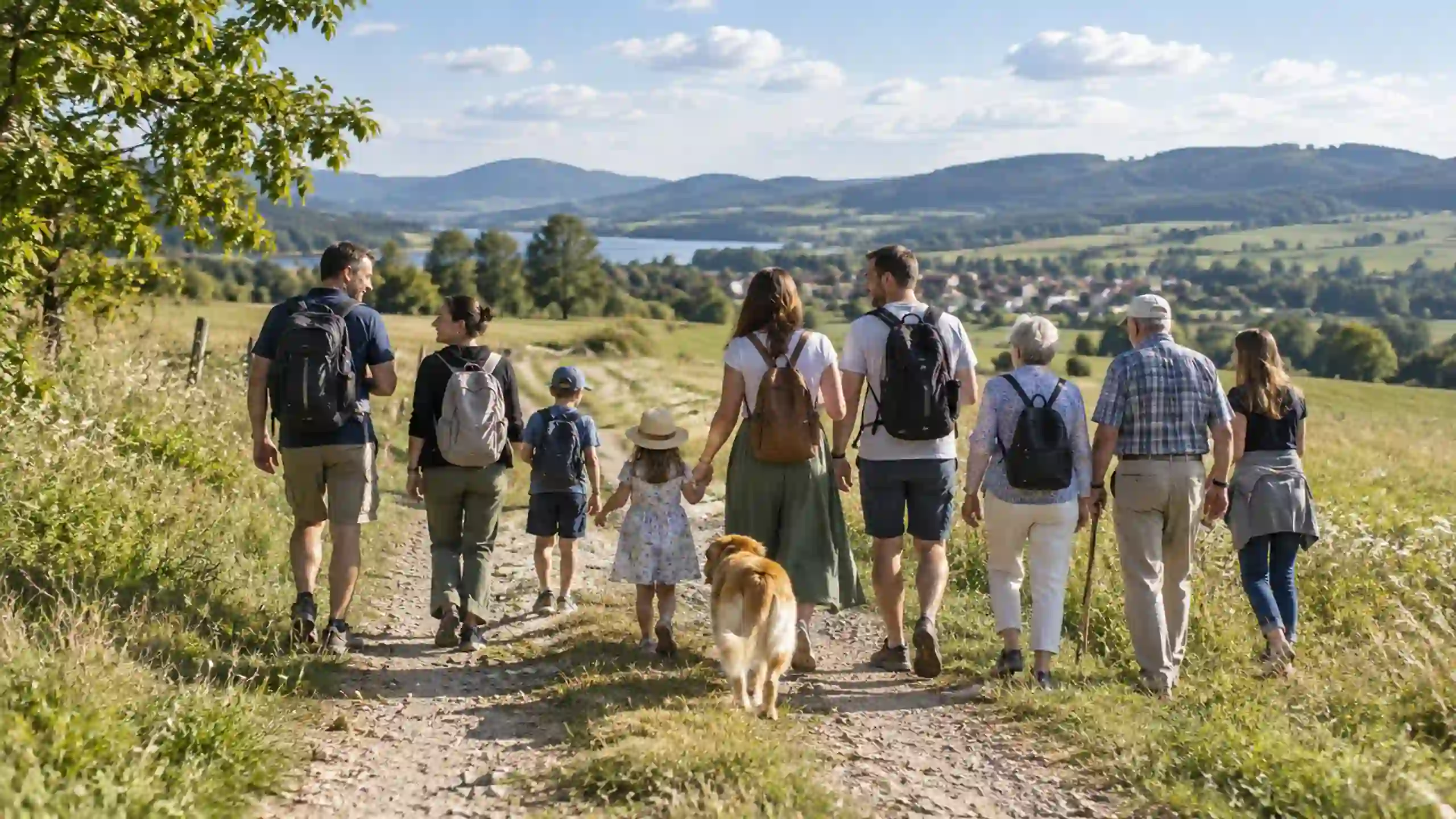 Veľká rodina ide lúkou smerom ku dedine a modli sa a oddeľuje od výkladom snov snár och