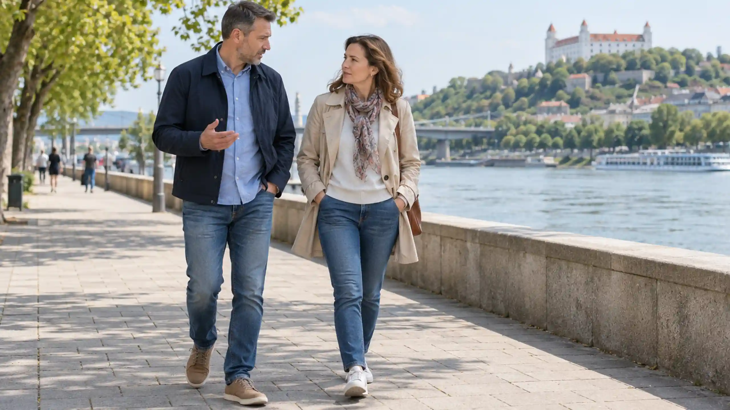 Manželka hovorí popri rieke Dunaj v Bratislave manželovi nepríjemnú pravdu do očí
