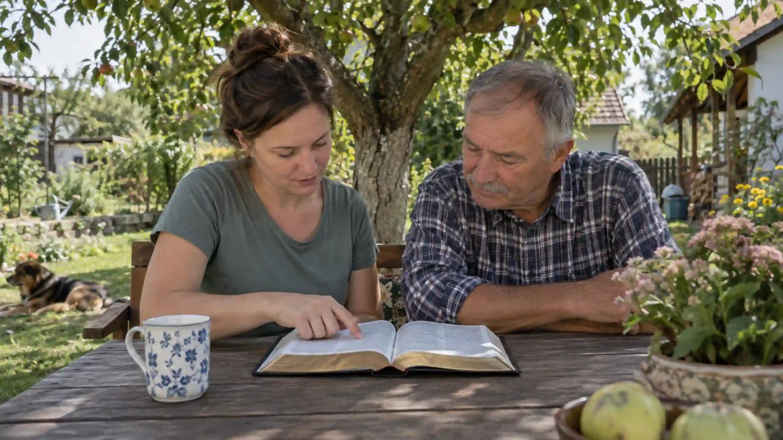 Dvaja manželia spoločne v prírode čítajú bibliu