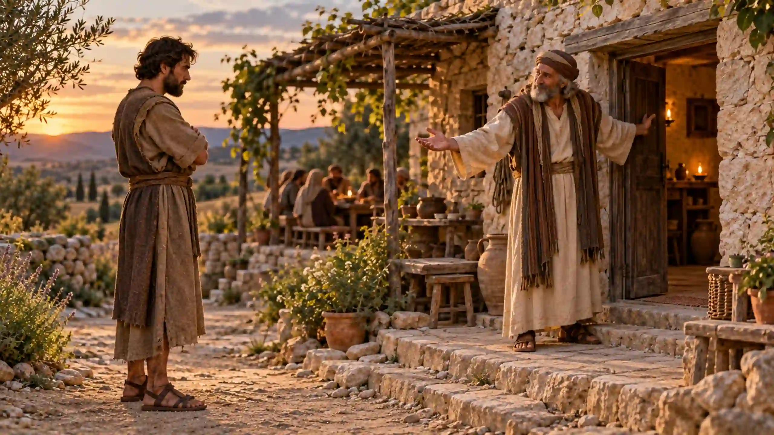 Starší brat márnotratného syna sa nechce vrátiť domov lebo závidí pred vchodom do domu