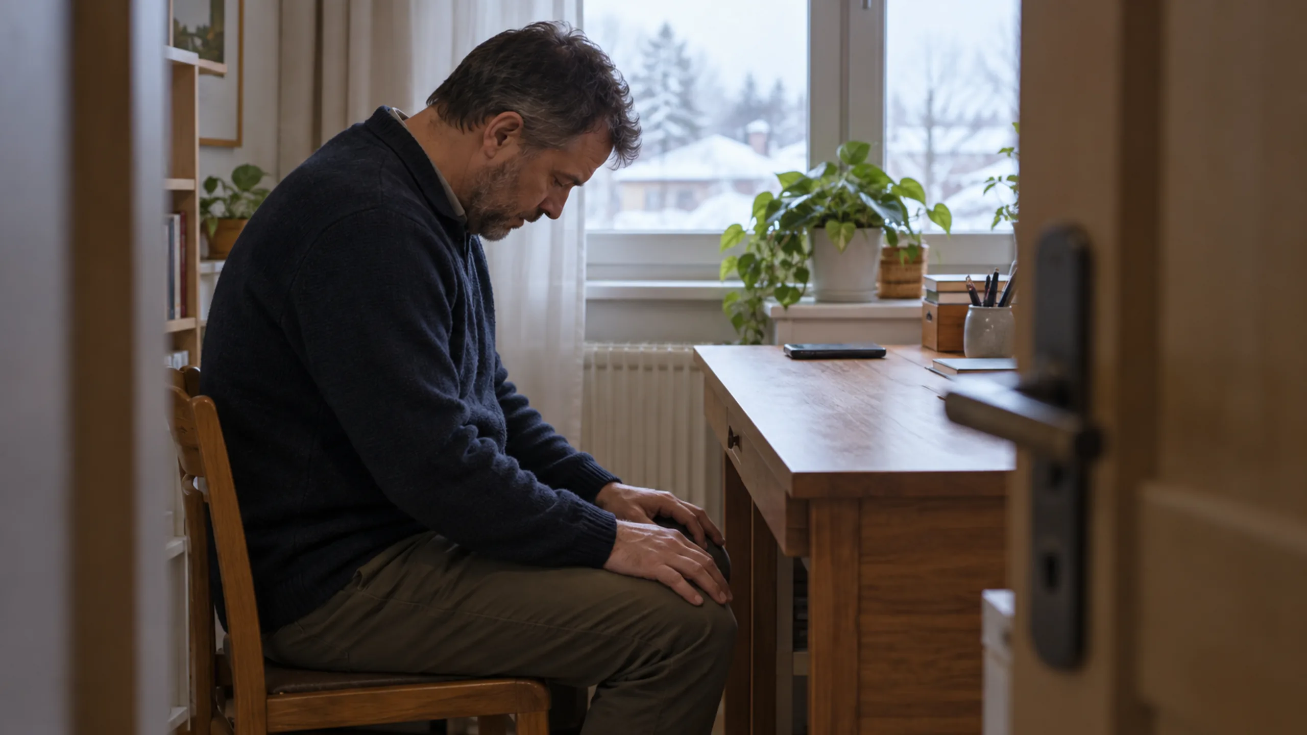 Muž sa modli doma za svojich kolegov v práci