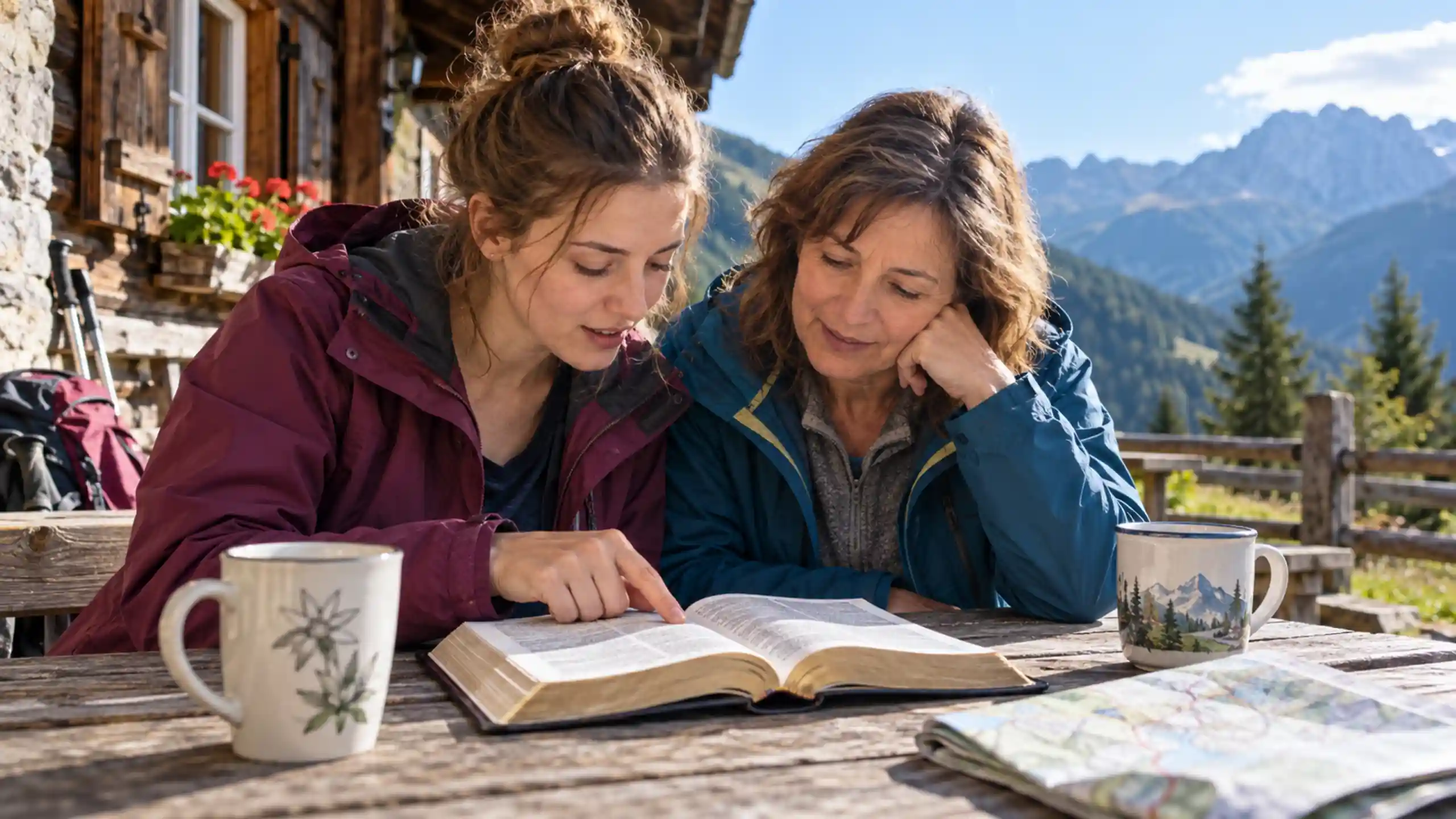 2 dievčatá spoločne na terase čítajú bibliu a v pozadí sú nádherné kopce