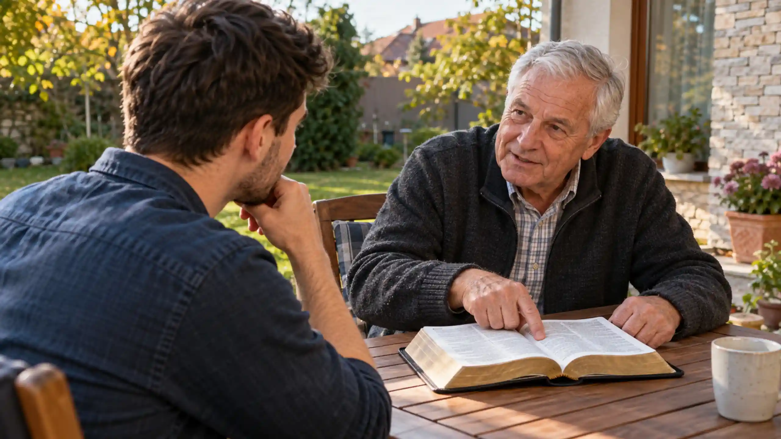 Otec rozpráva so synom na terase pri Biblii za stolom ho modlitbe za partnerku