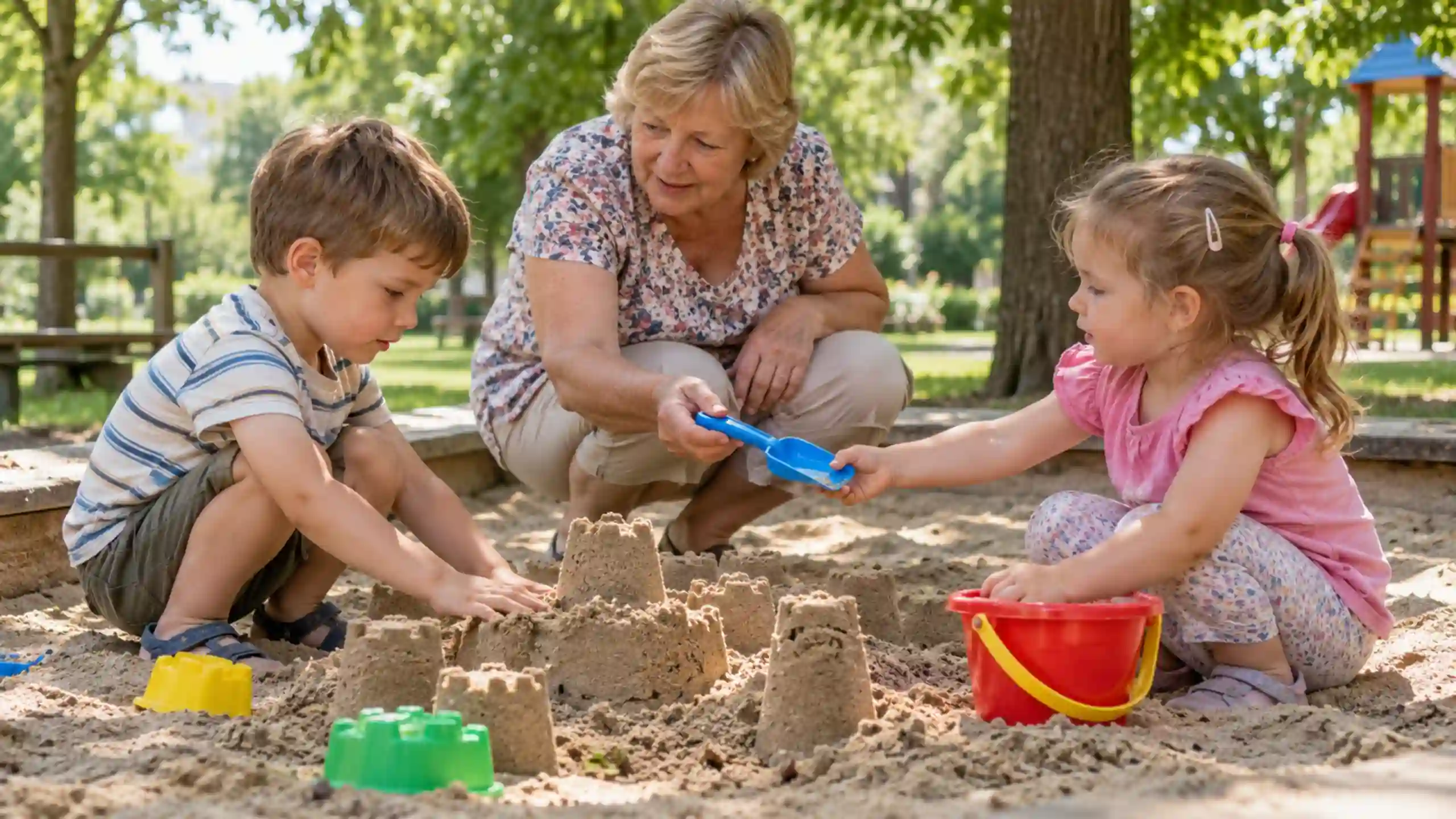 Mamka s deťmi sa hrajú na pieskovisku vonku pred panelákmi a sú veľmi trpezliví