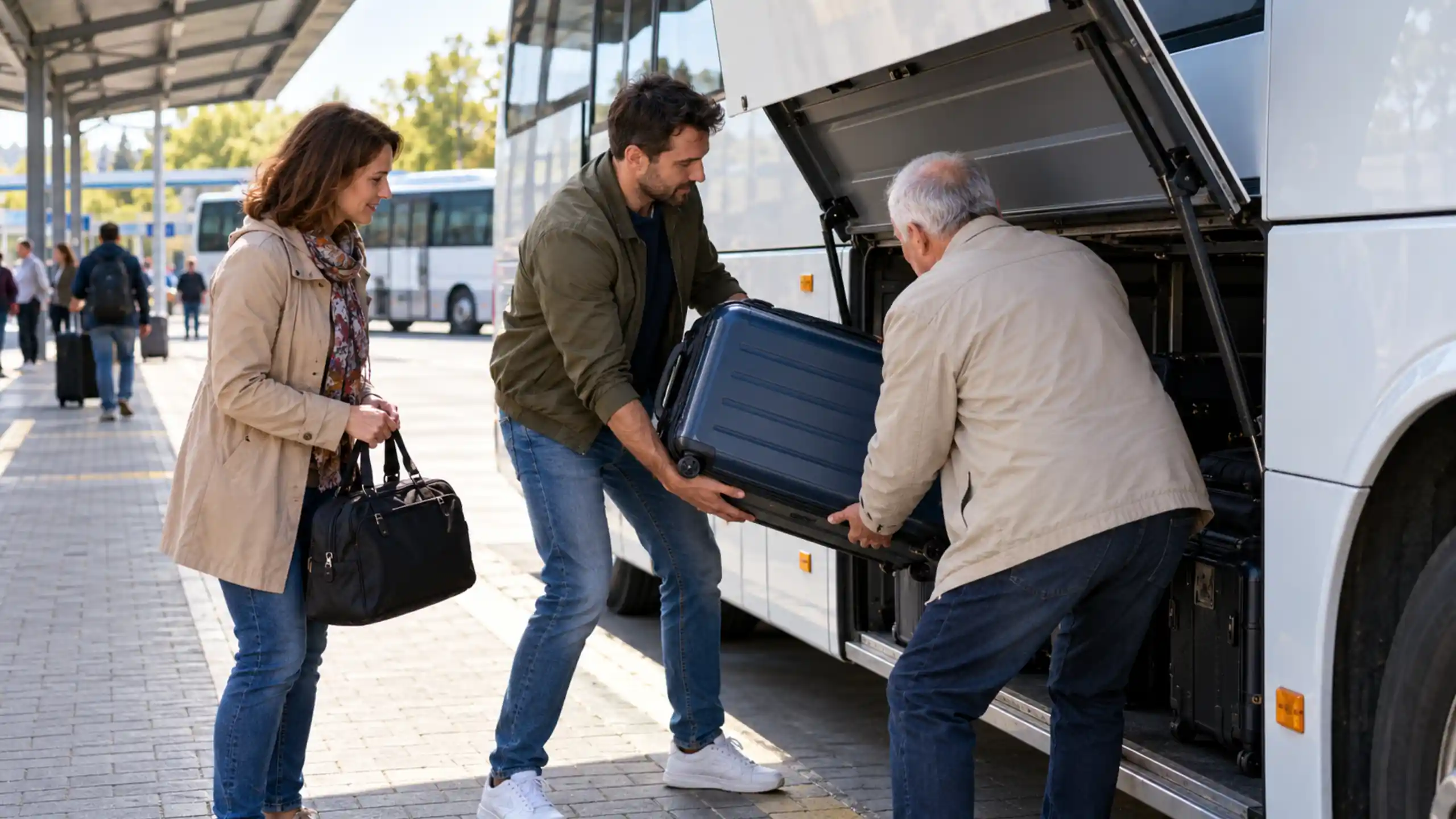 Ľudia na autobusovej stanici nakladajú do autobusu kufor