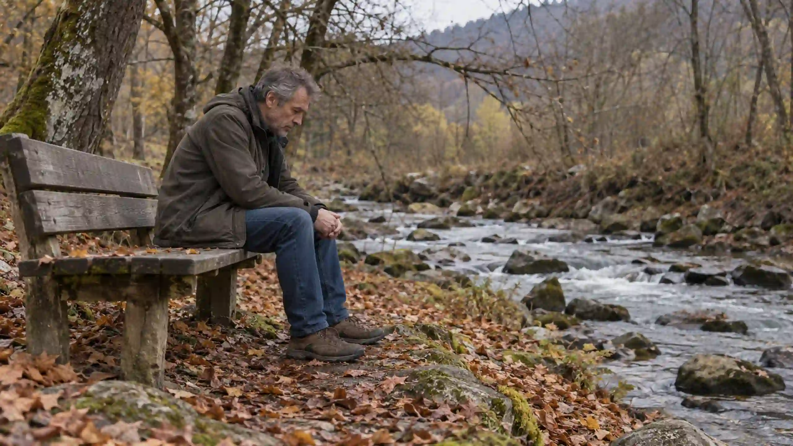 Muž pri potoku pozerá na rieku ako tečie a upokojuje svoje myslenie