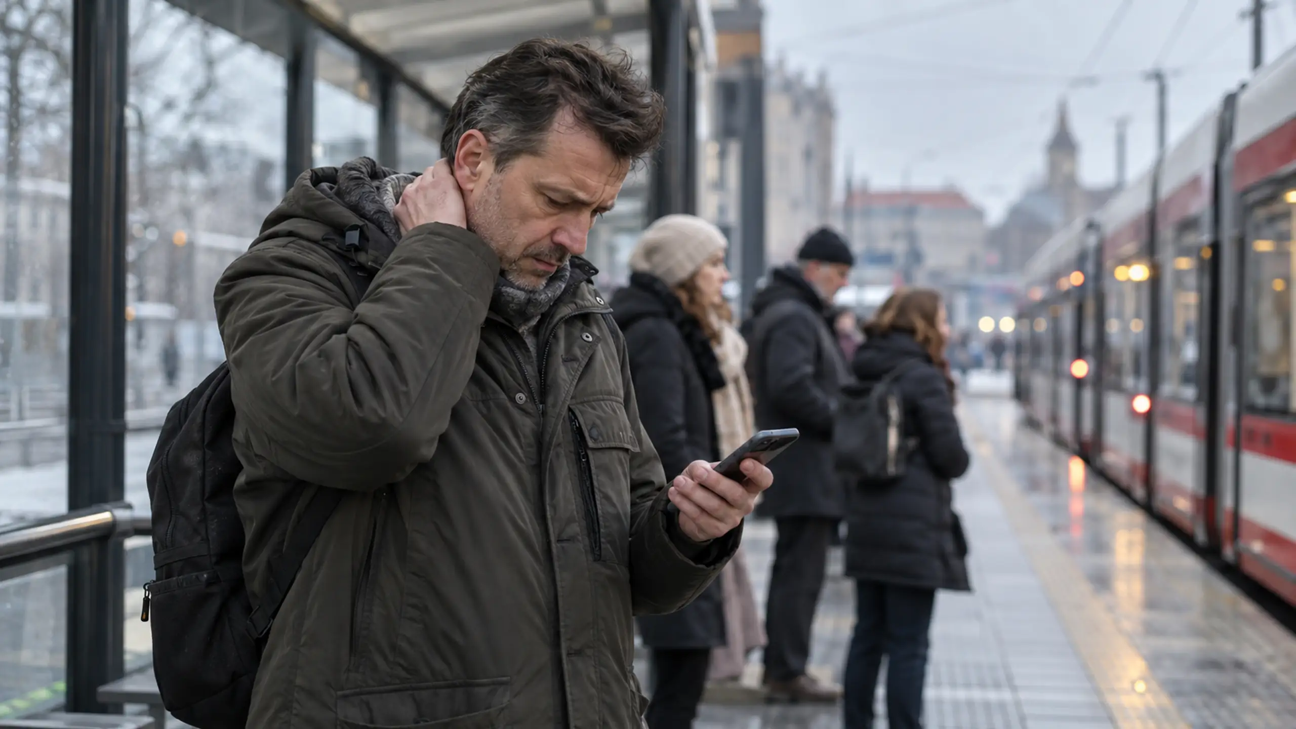 Psychosomatické ochorenie ovplyvňuje muža na zastávke pred autobusovou stanicou