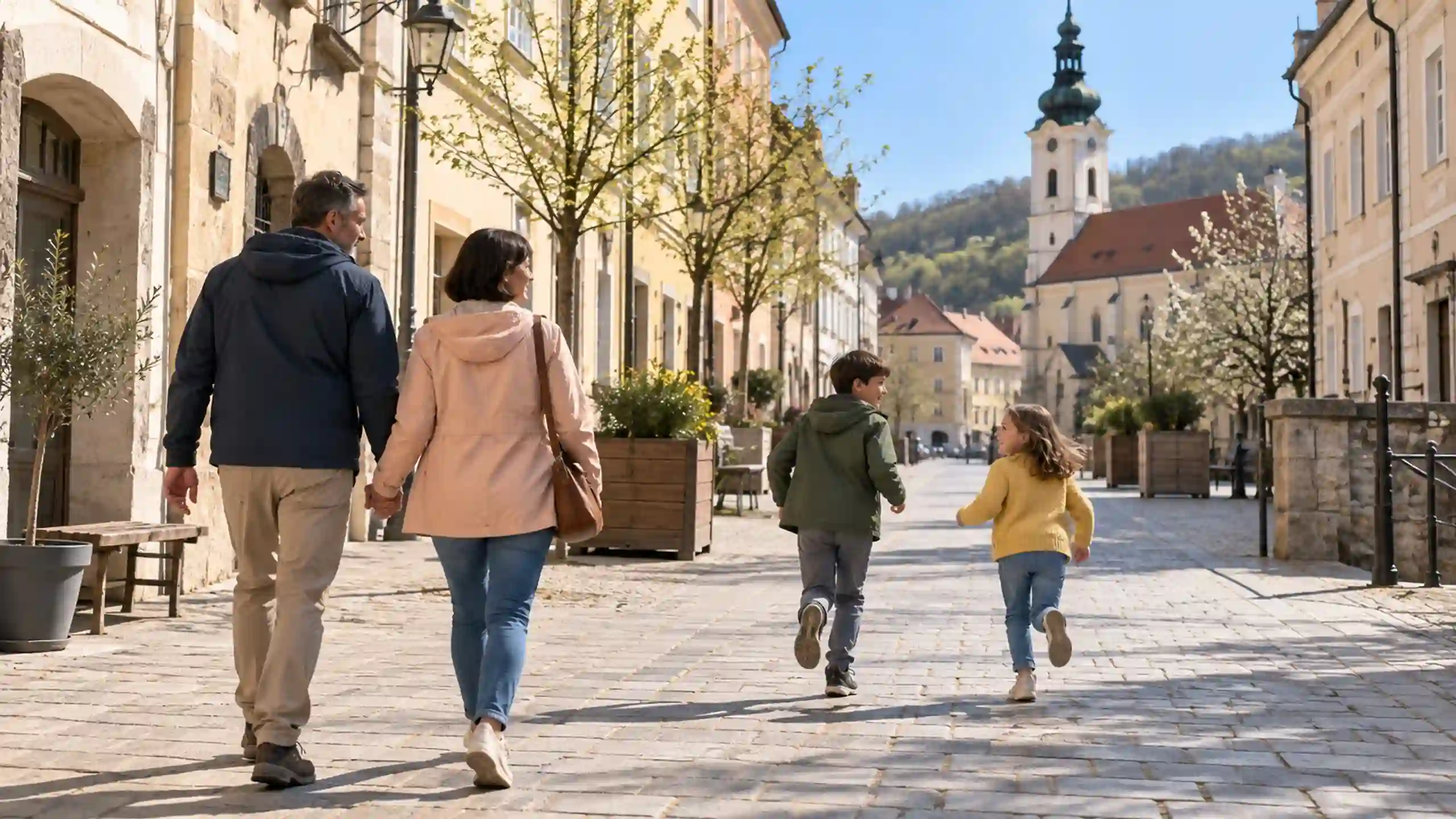 Manželia v ulici mesta kráčajú za svojimi deťmi a ďakujú pánu Ježišovi za vykúpenie na kríži