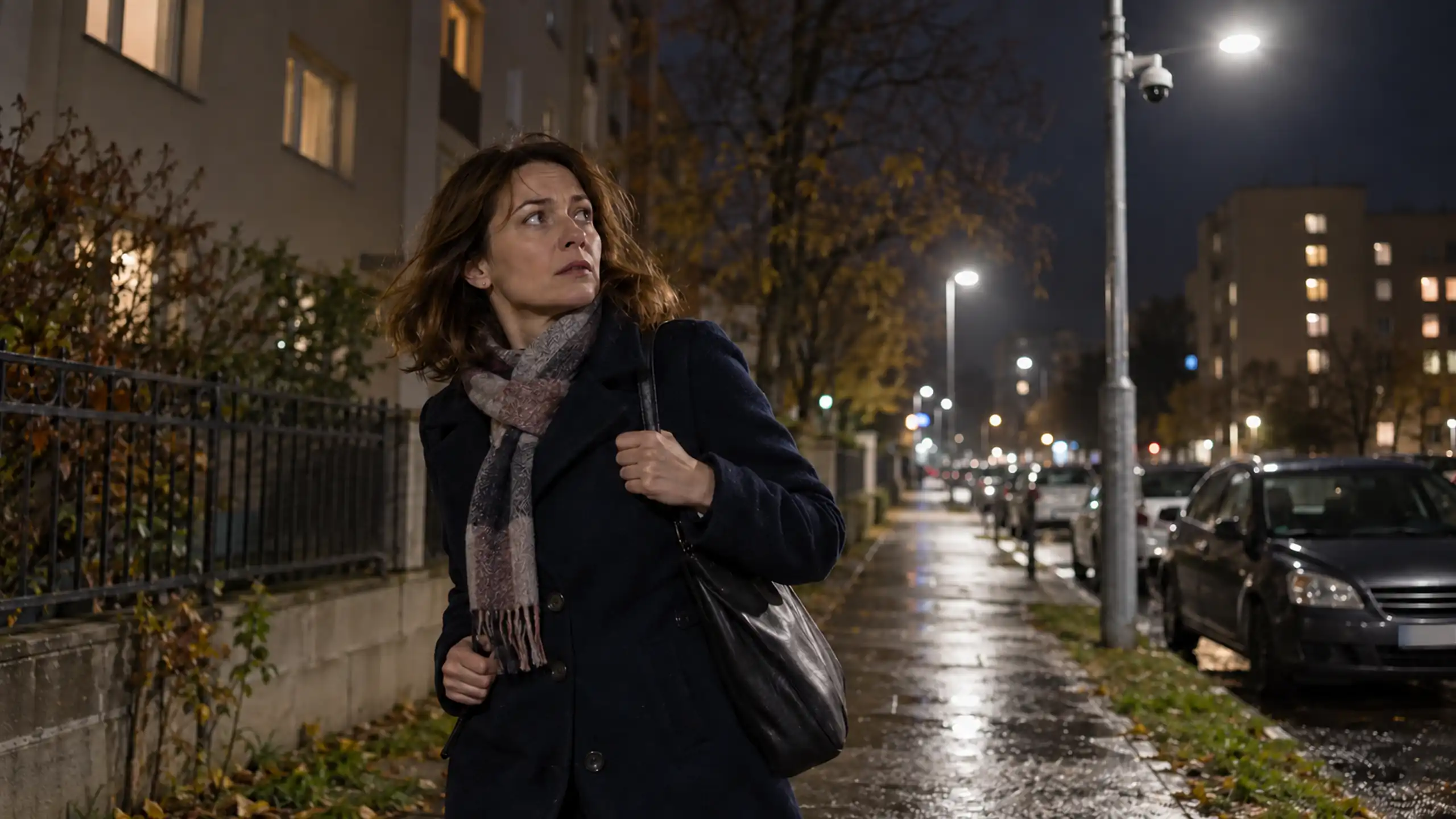 Žena v noci kráča po mokrej ulici a so strachom pozerá na kameru lebo si myslí že ju sledujú